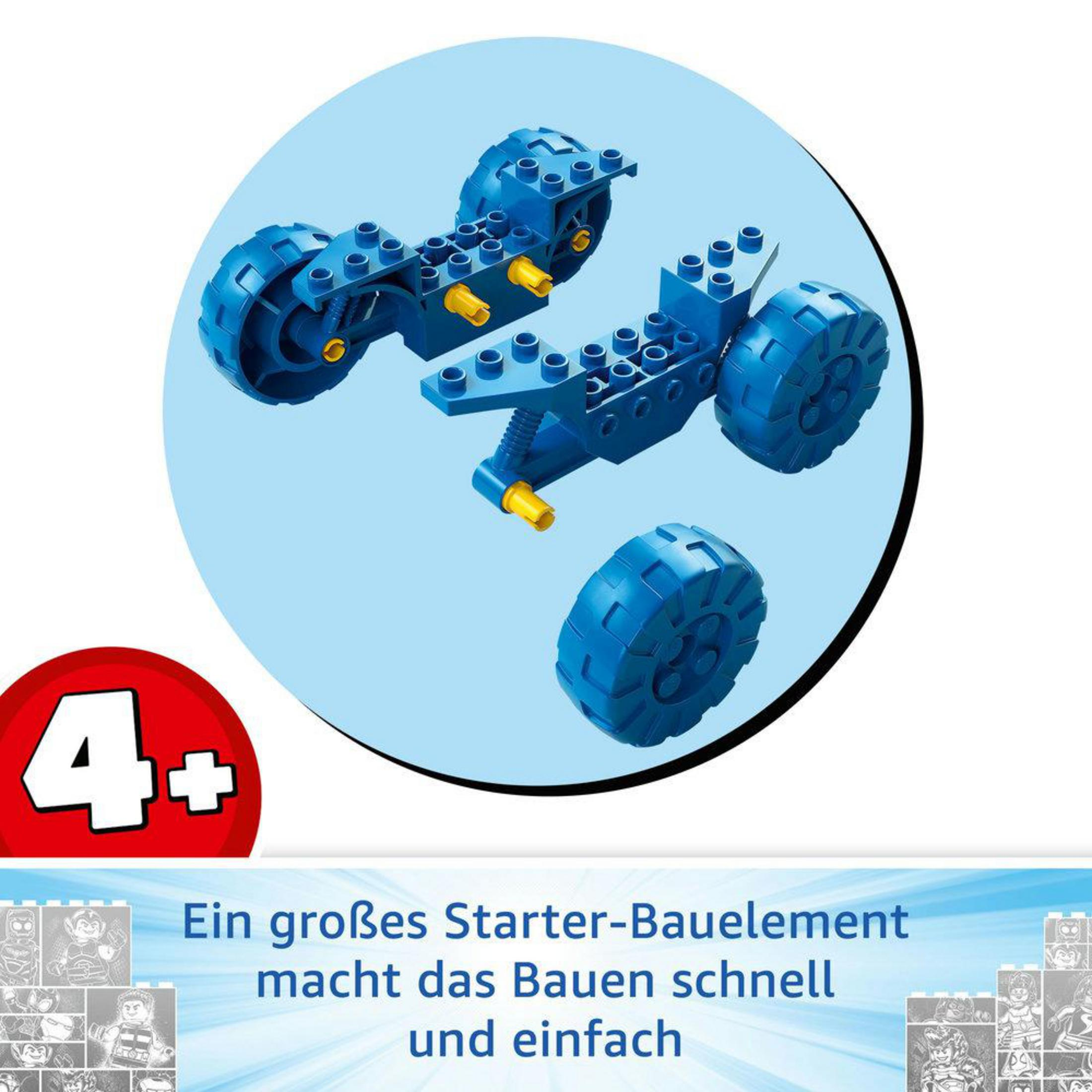 Ein LEGO-Set mit zwei Spielzeugfahrzeugbasen und einem blauen Hintergrund mit Text.