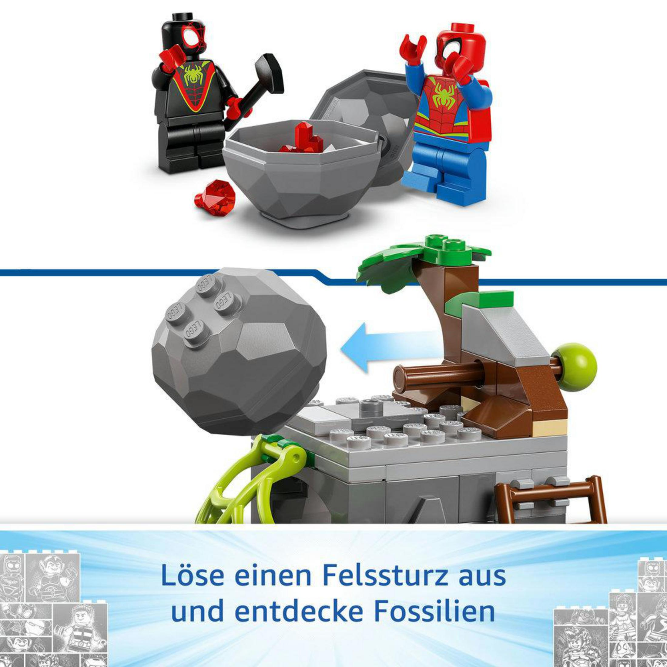 LEGO Set mit Spider-Man Figuren, Felsen und einem Felsbrocken mit blauem Pfeil.
