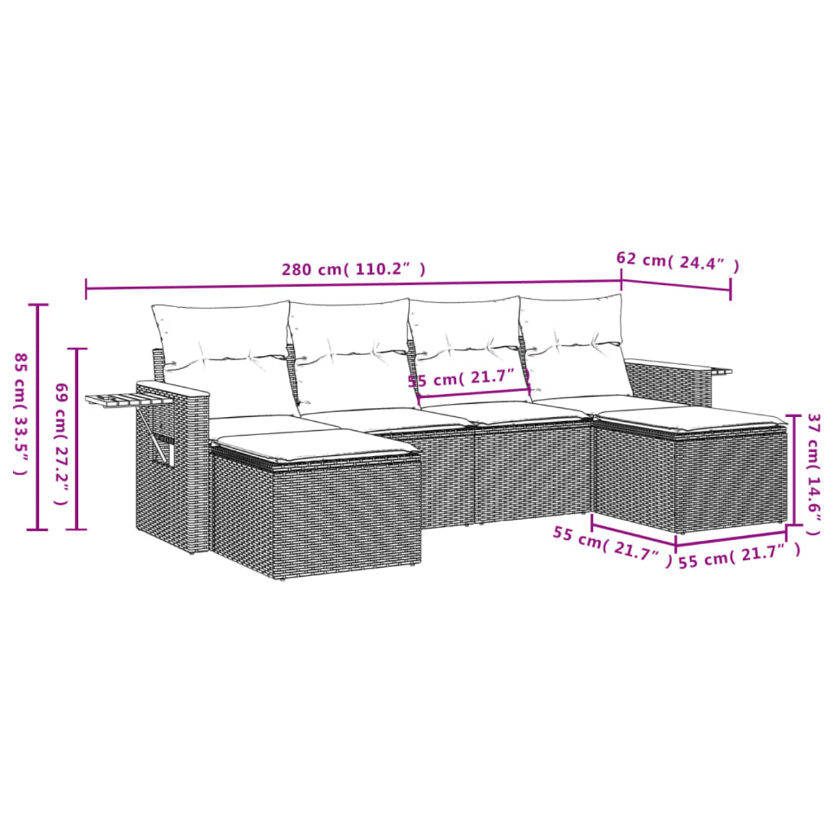 Modulares Rattan-Sofa mit weißen Kissen. Abmessungen sind auf dem Bild angegeben.