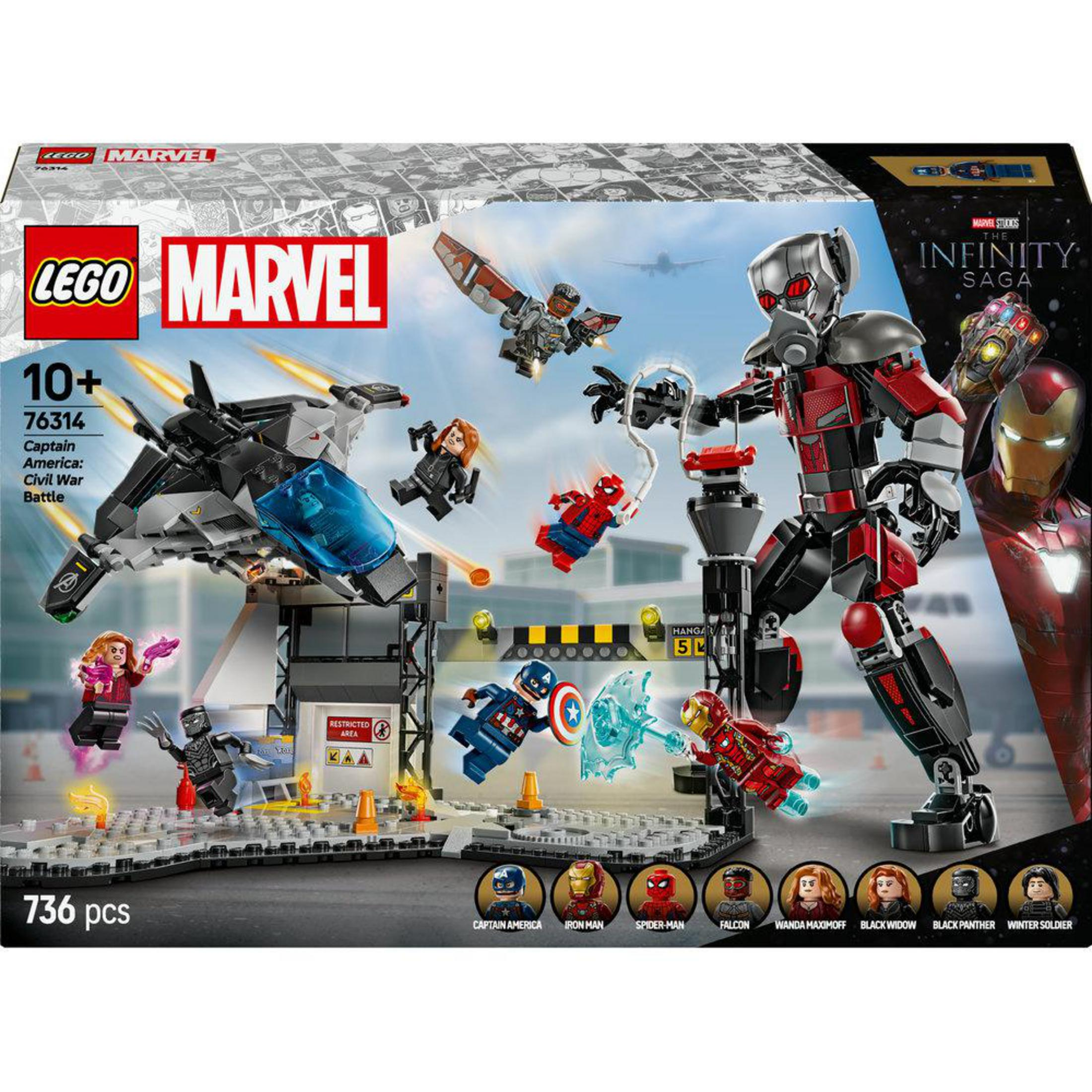 Set LEGO Marvel Capitán América: Civil War. Figuras, un jet y una escena de batalla.