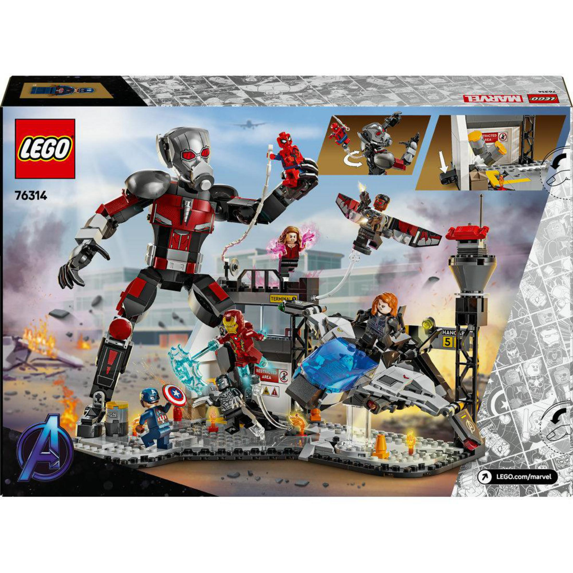 Caja de Lego con Ant-Man, otros personajes de Marvel y una escena de batalla.