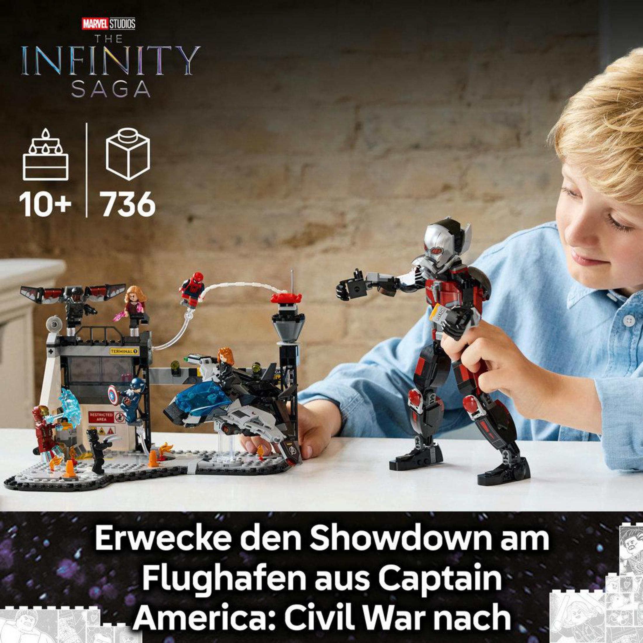 Un niño con un set de LEGO, construyendo una escena con personajes de Marvel y un edificio. La caja muestra los detalles del set.