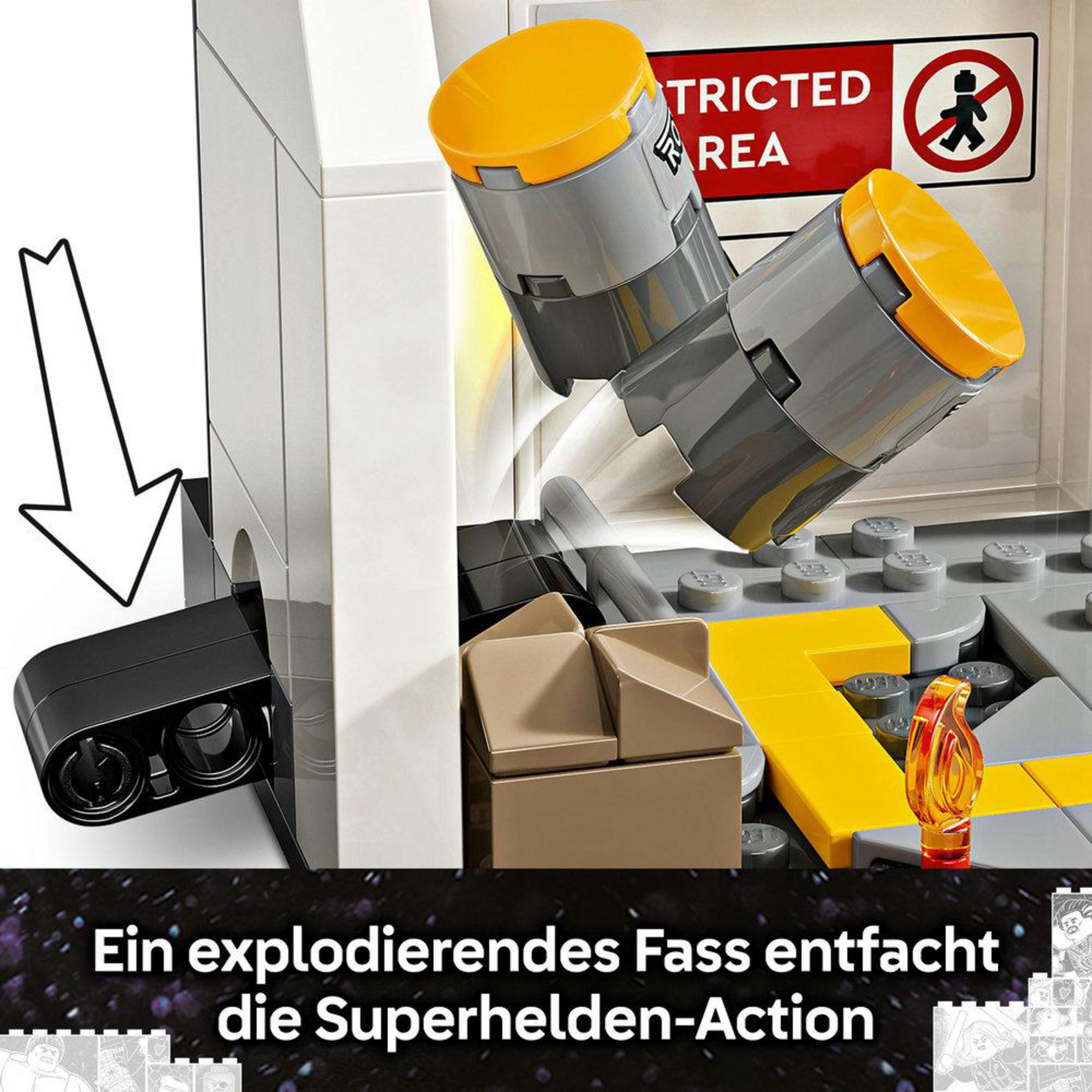 Szczegół Lego przedstawia eksplodujące beczki i znak strefy ograniczonej.