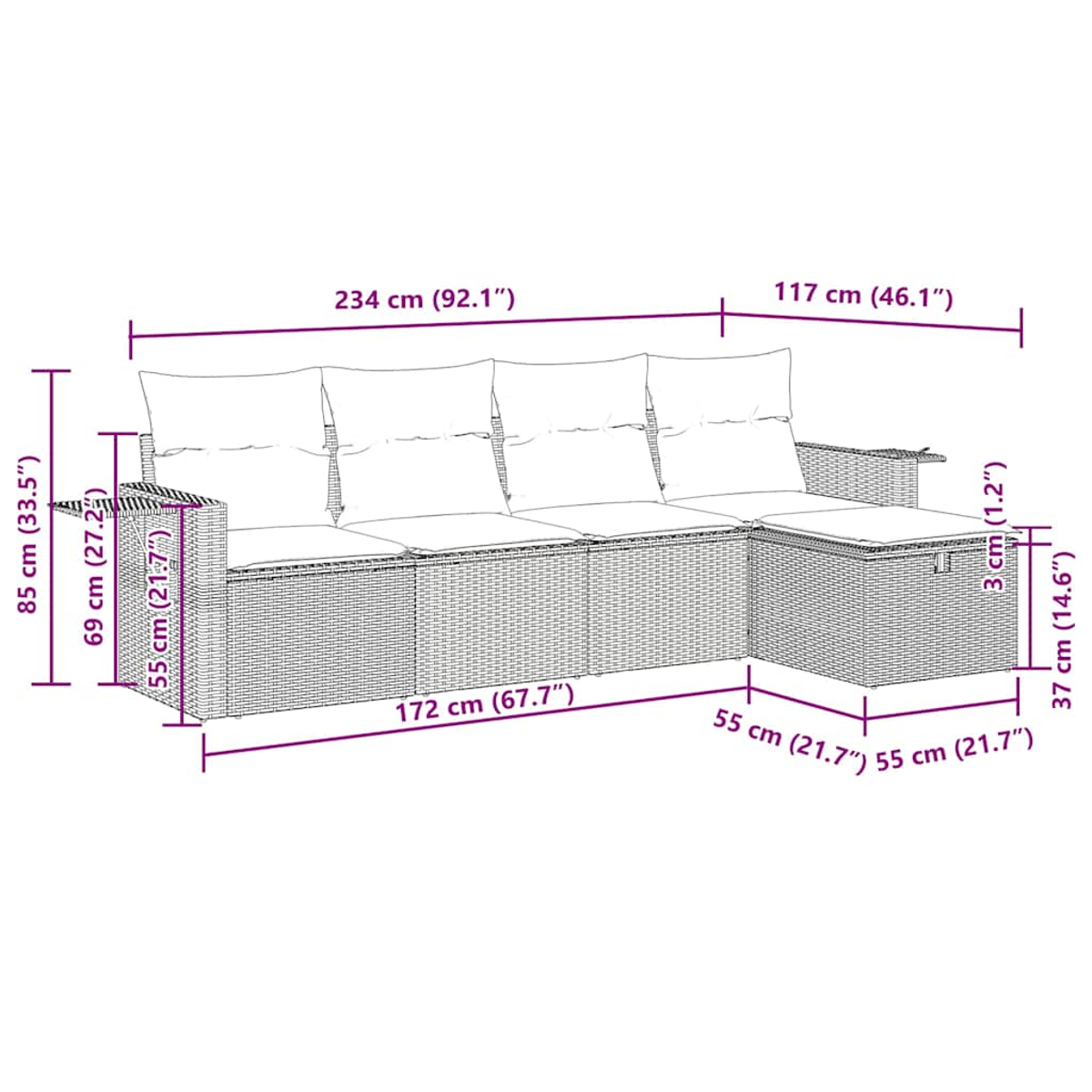 Ein großes Outdoor-Sofa mit Kissen und Abmessungen in cm und Zoll.