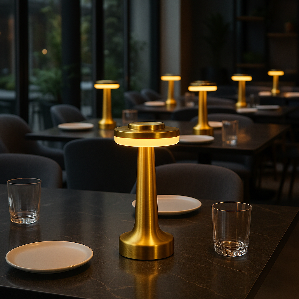 Restauranttische mit goldenen Lampen.
