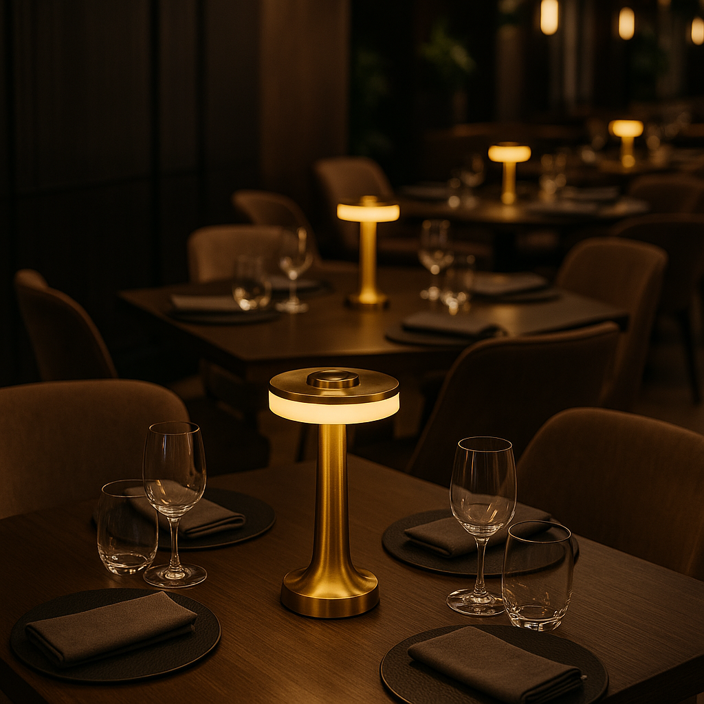 Ein Restauranttisch mit Gläsern, Tellern und einer beleuchteten goldenen Lampe.