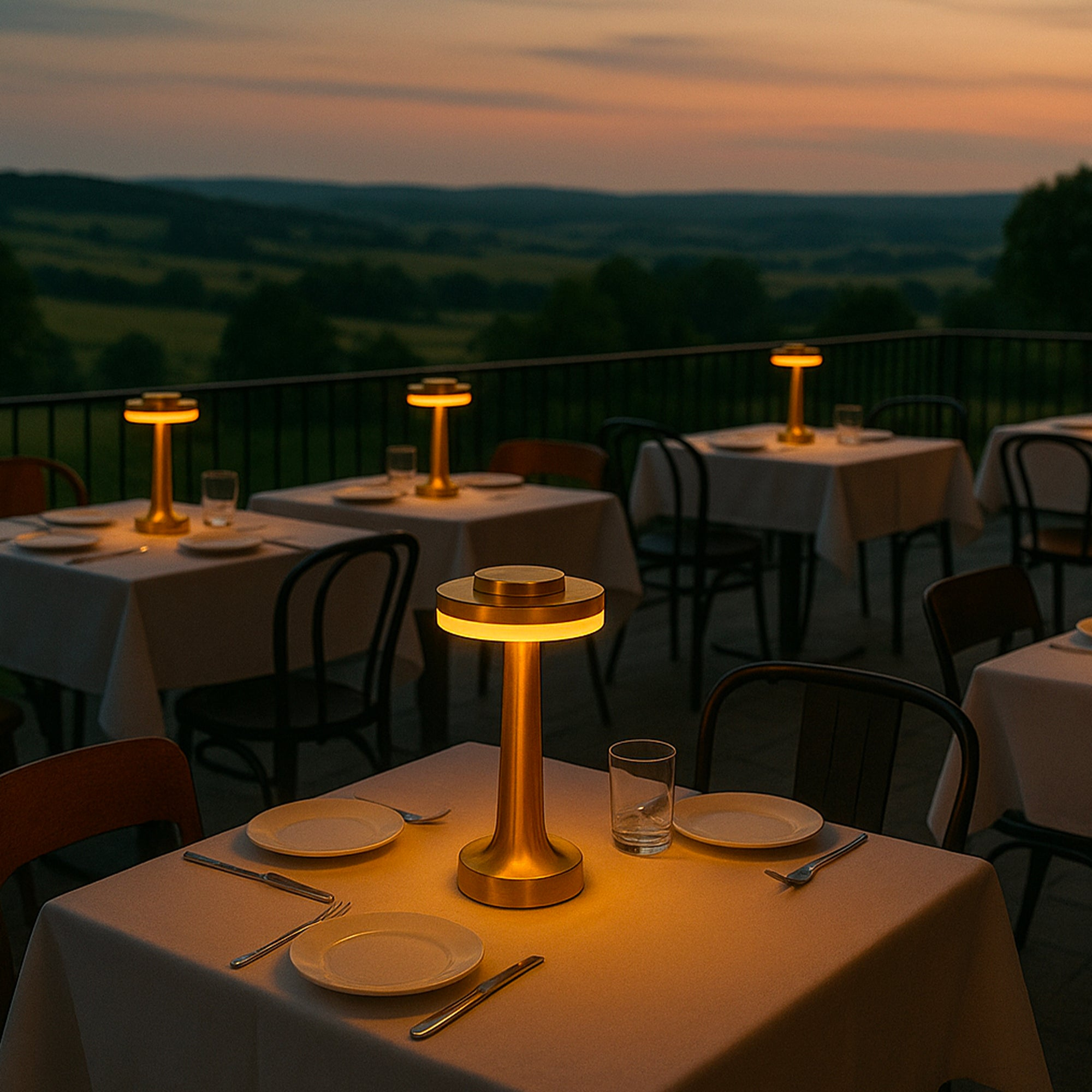Restauranttisch mit Gläsern, Tellern und beleuchteten goldenen Lampen in der Dämmerung.