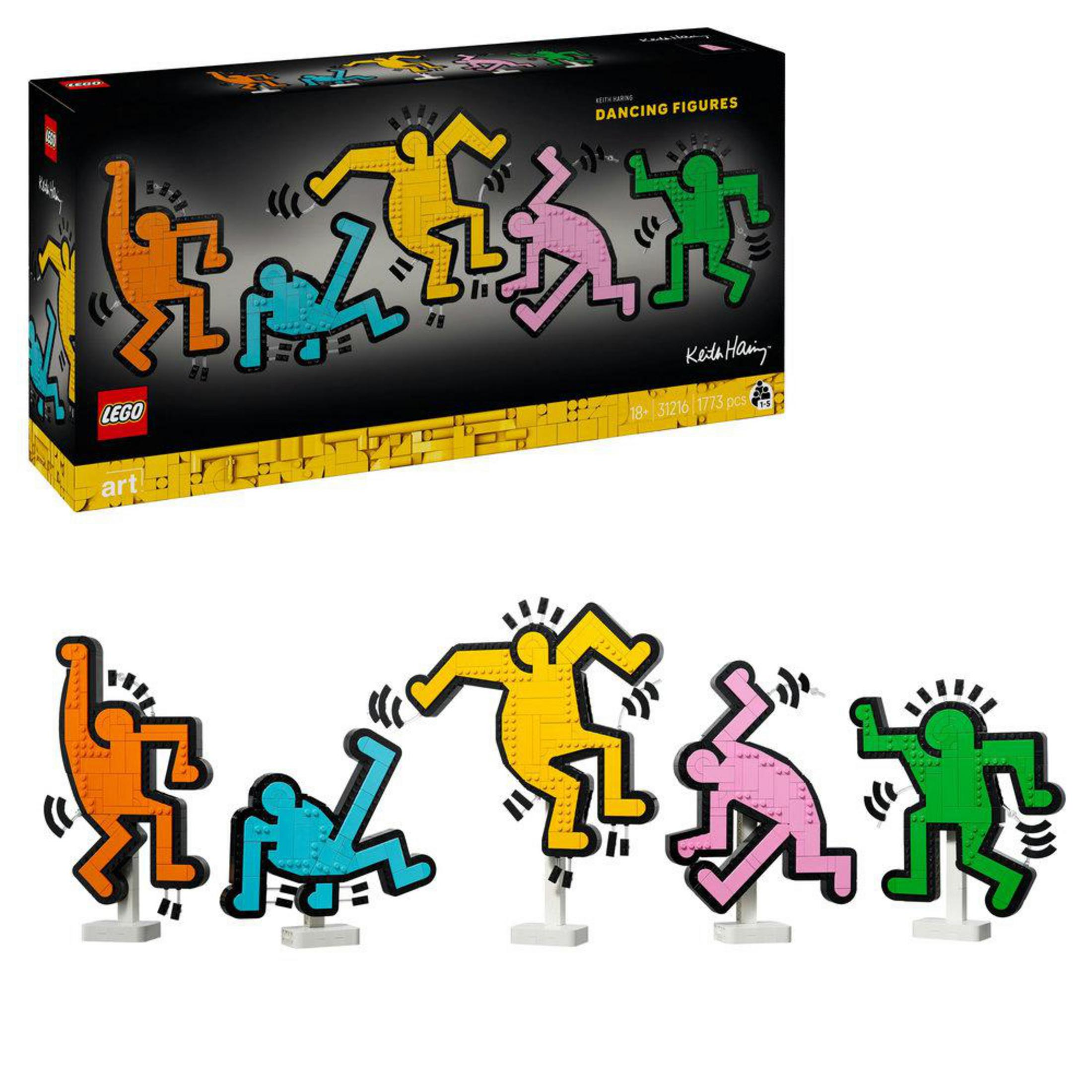 Cinco figuras de baile Lego de colores sobre bases blancas, inspiradas en el arte de Keith Haring.