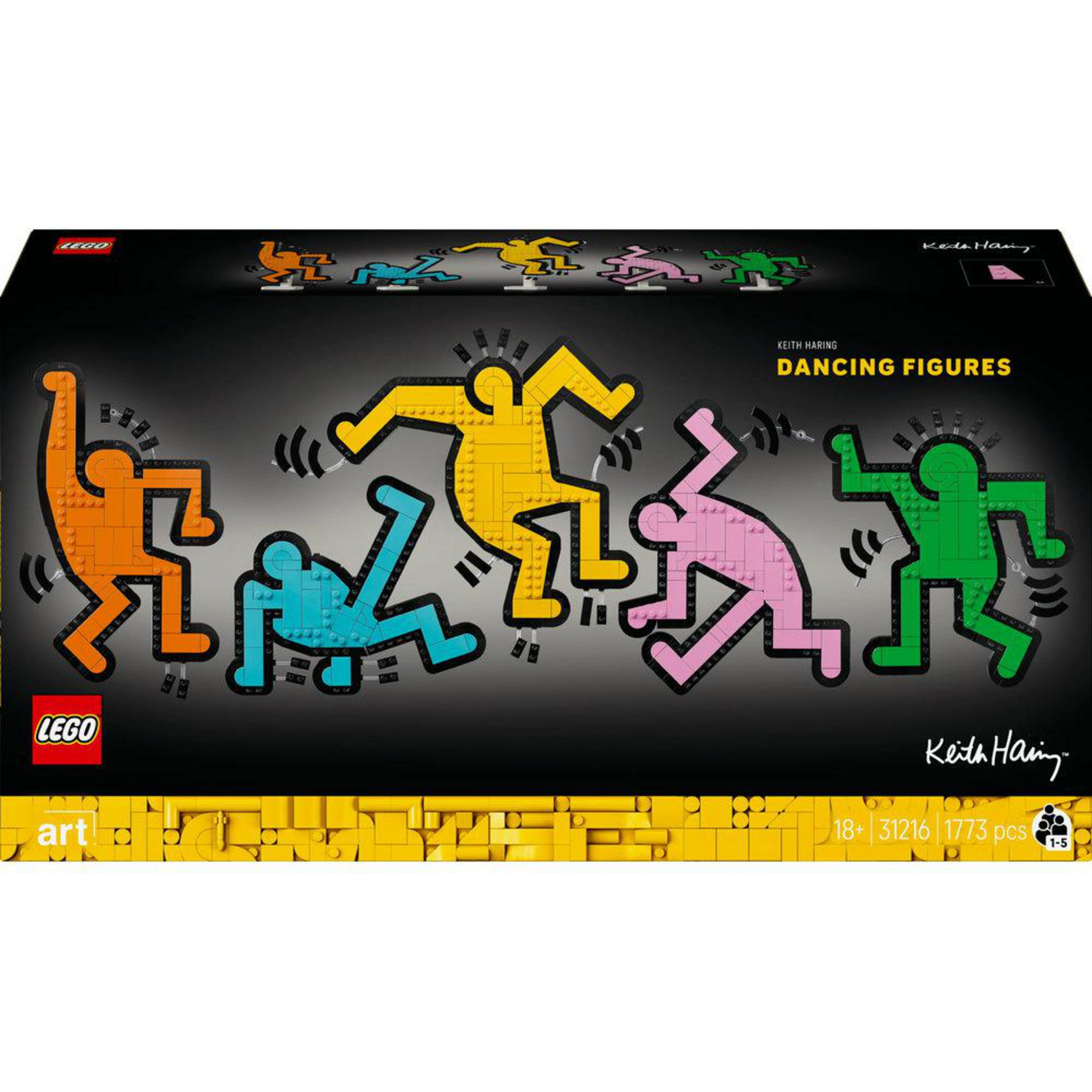 Set de figuras de baile Lego en varios colores, inspiradas en el arte de Keith Haring.