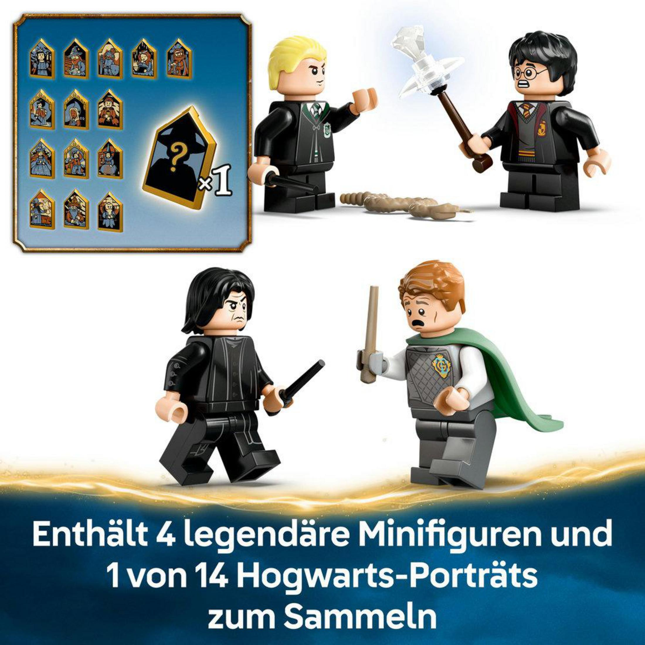 Ein Lego-Set mit Harry-Potter-Figuren, darunter eine Plattform und zu sammelnde Porträts.