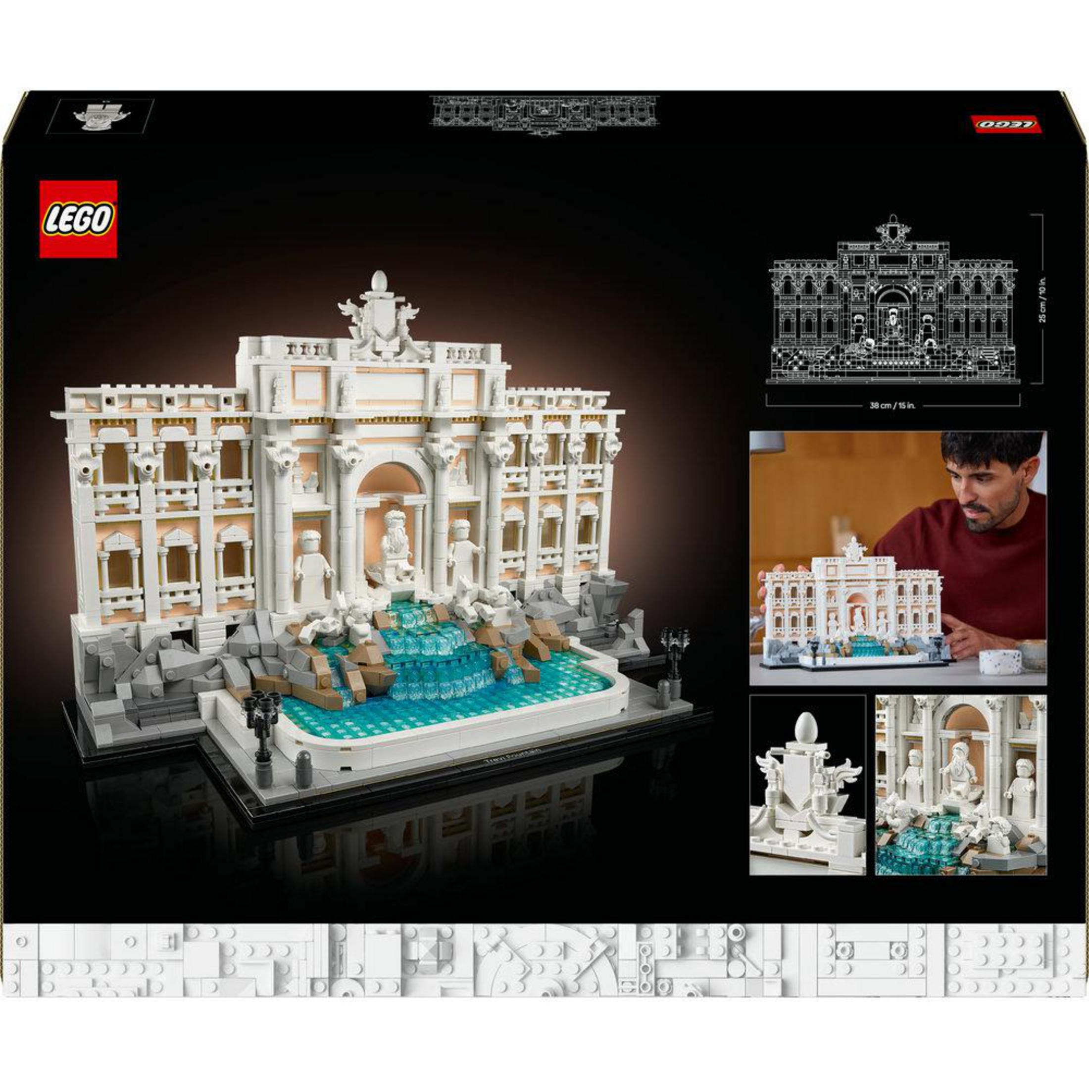 Set Lego de una fuente con agua, figuras y arquitectura sobre fondo negro.
