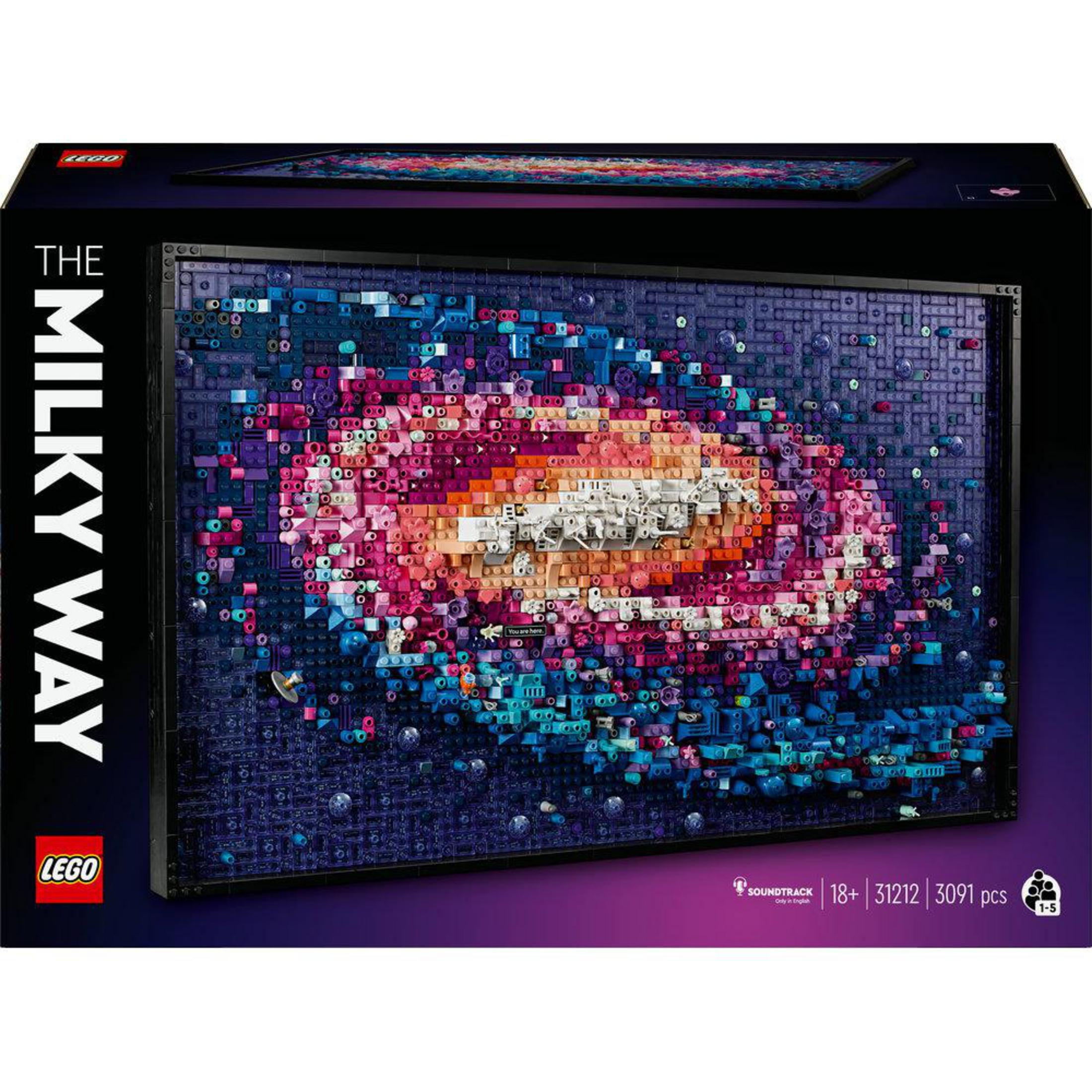 Schachtelset: Lego The Milky Way Mosaik. Enthält viele farbenfrohe Steine, die eine Galaxieszene zeigen.