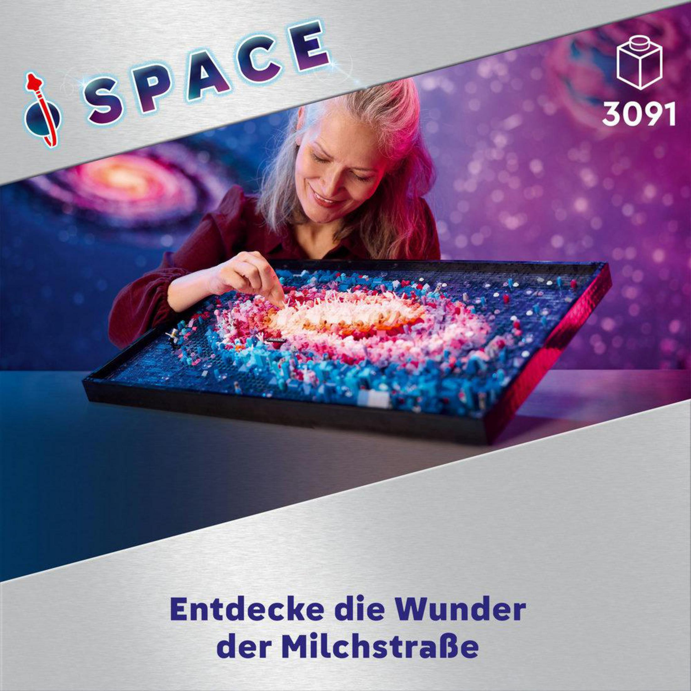 Frau baut ein Lego-Galaxy-Kunstwerk mit Weltraum-Hintergrund.