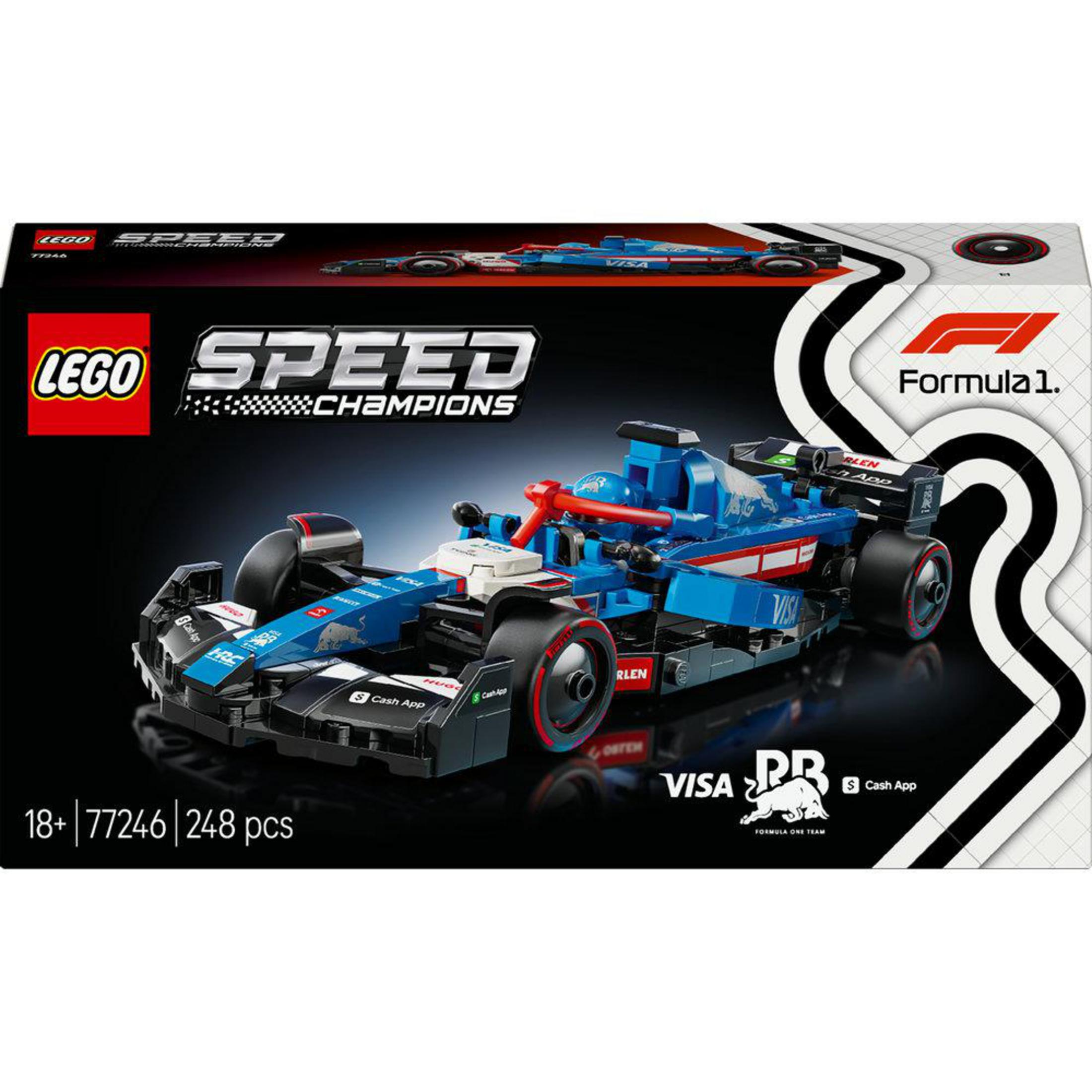 Pudełko zestawu Lego Speed Champions. Niebieski samochód Formuły 1 z marką VISA Cash App RB i logo Formuły 1.