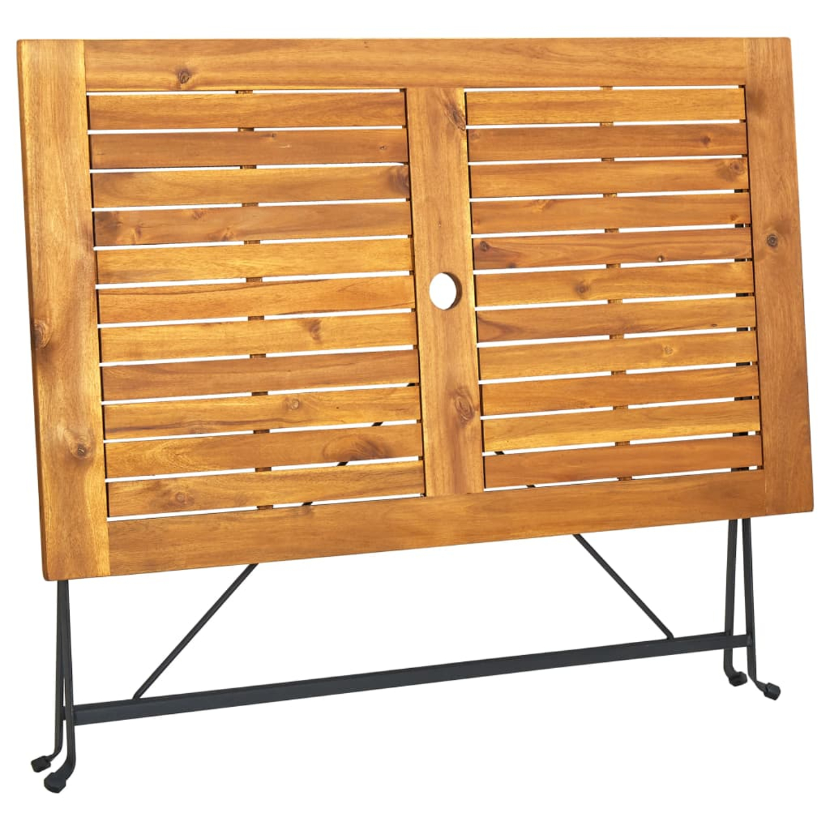 Holztisch mit Lamellendesign, getragen von schwarzen Metallbeinen. Der Tisch ist offen.