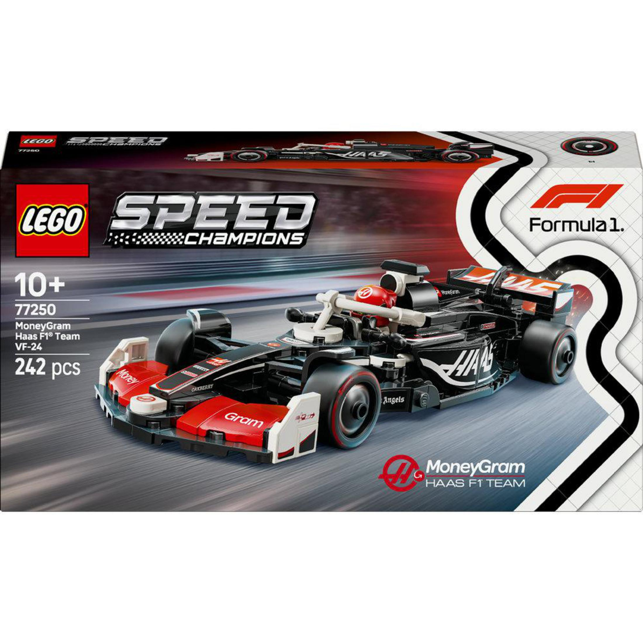 Pudełko zestawu Lego Speed Champions. Samochód Formuły 1 w kolorze czarnym i czerwonym z marką MoneyGram Haas F1 Team.