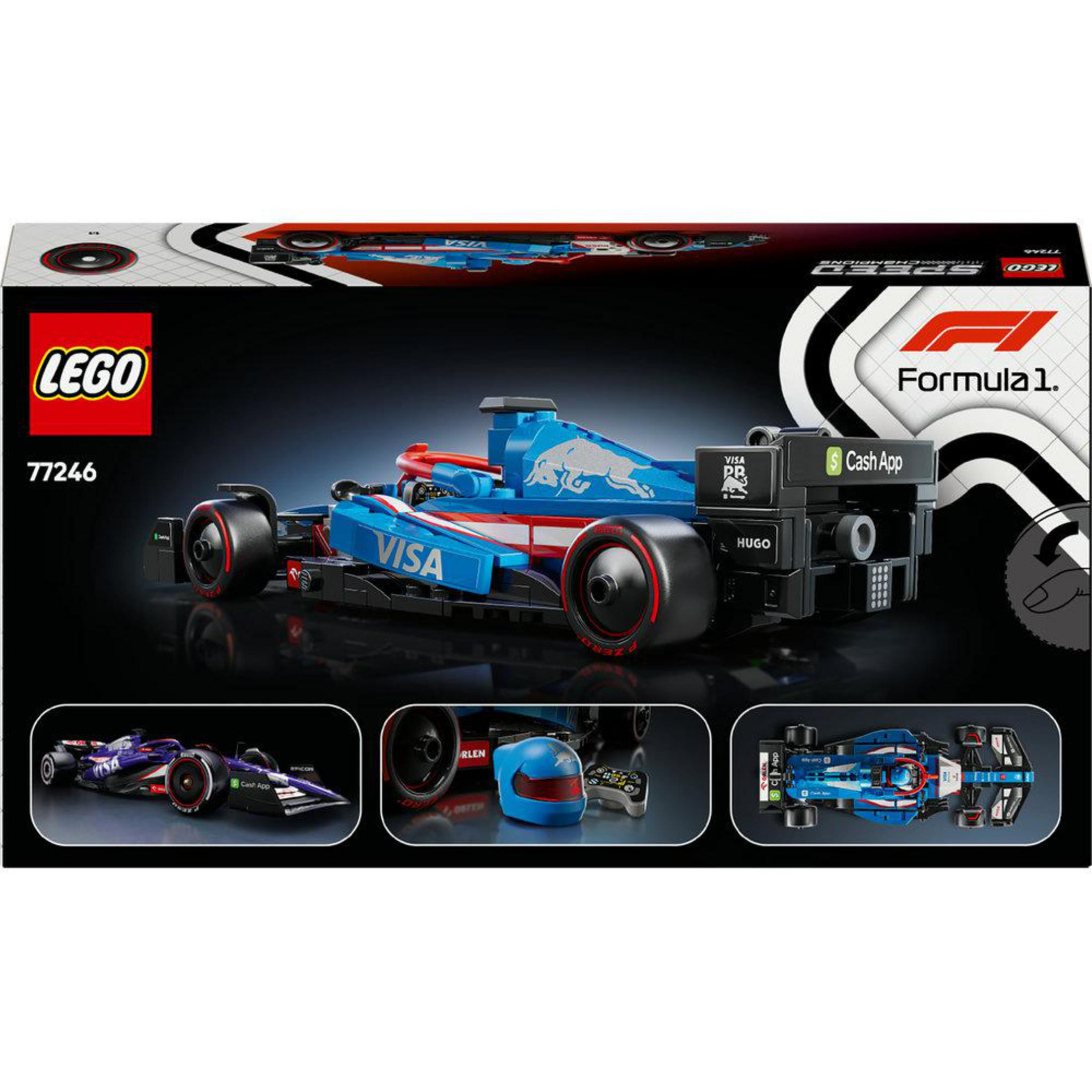Tył pudełka zestawu Lego Speed Champions. Przedstawia samochód Formuły 1 i zdjęcia samochodu z różnych perspektyw.