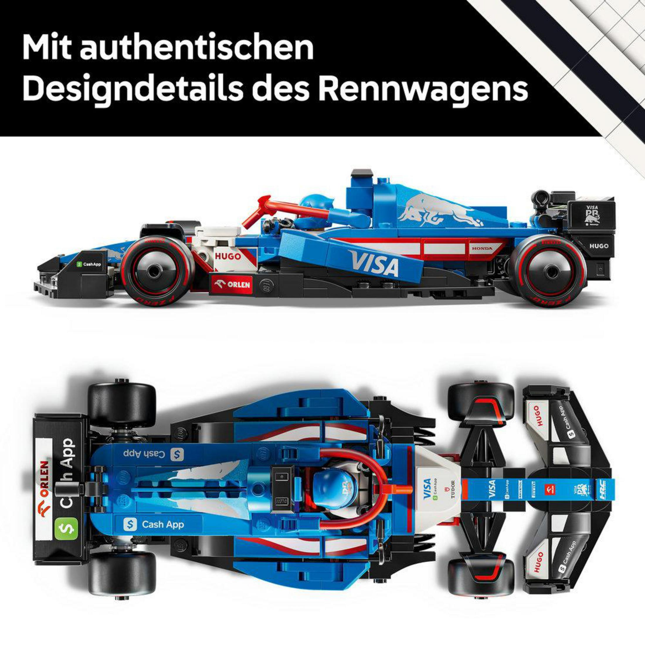 Dwa widoki niebiesko-białego samochodu wyścigowego Lego. Samochód ma czerwone akcenty i logo sponsorów.