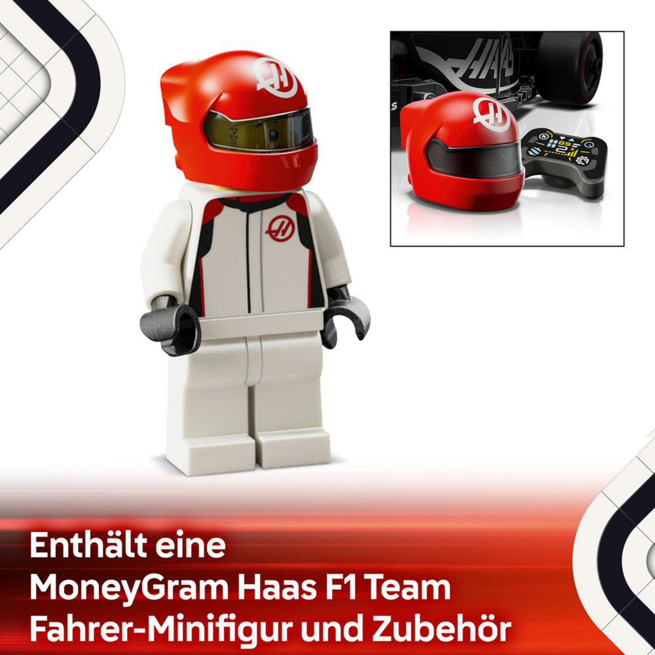 Minifigurka Lego kierowcy MoneyGram Haas F1 Team w białym kombinezonie i czerwonym kasku, z kontrolerem.