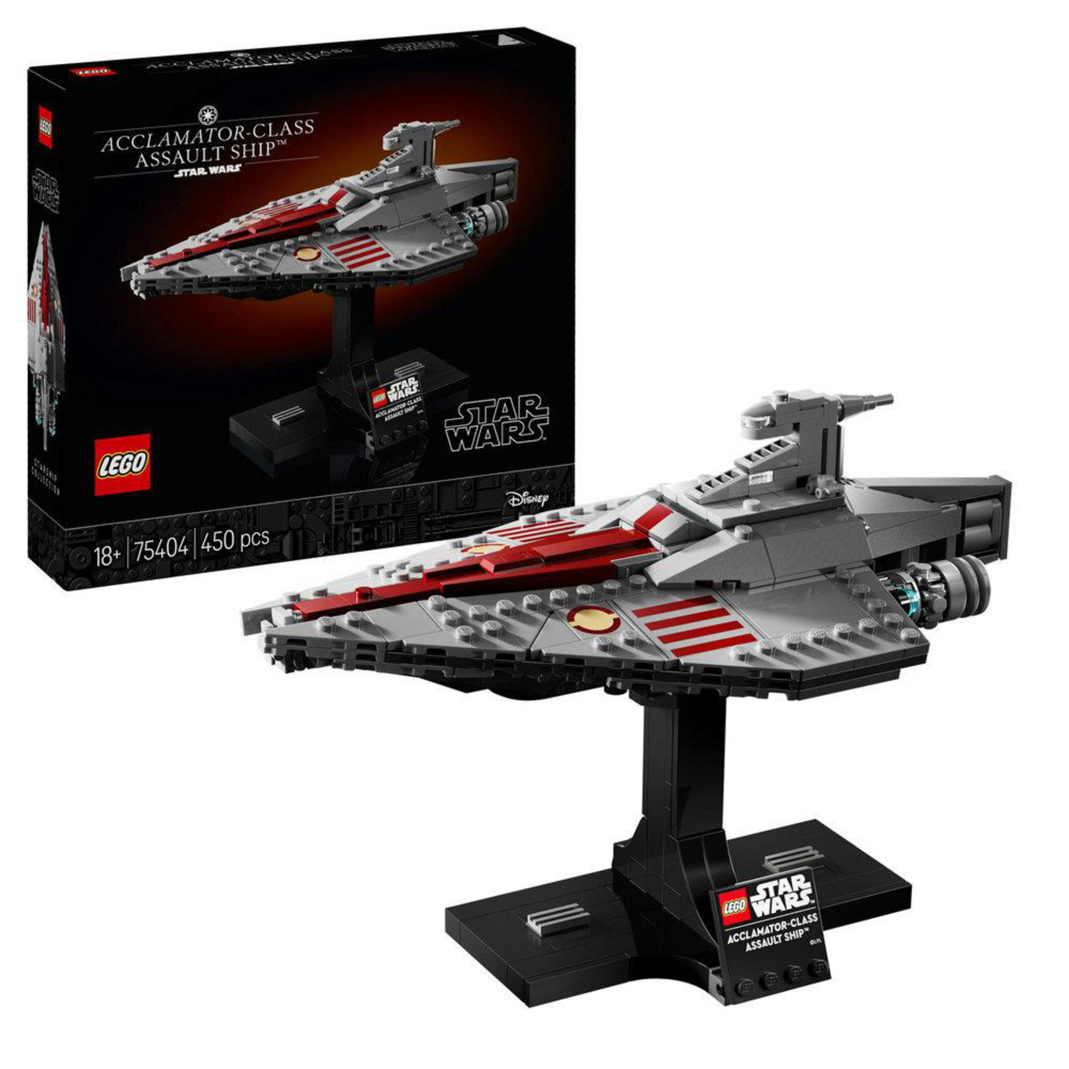 Statek LEGO Star Wars na stojaku. Pudełko po lewej. Statek jest szary i czerwony.