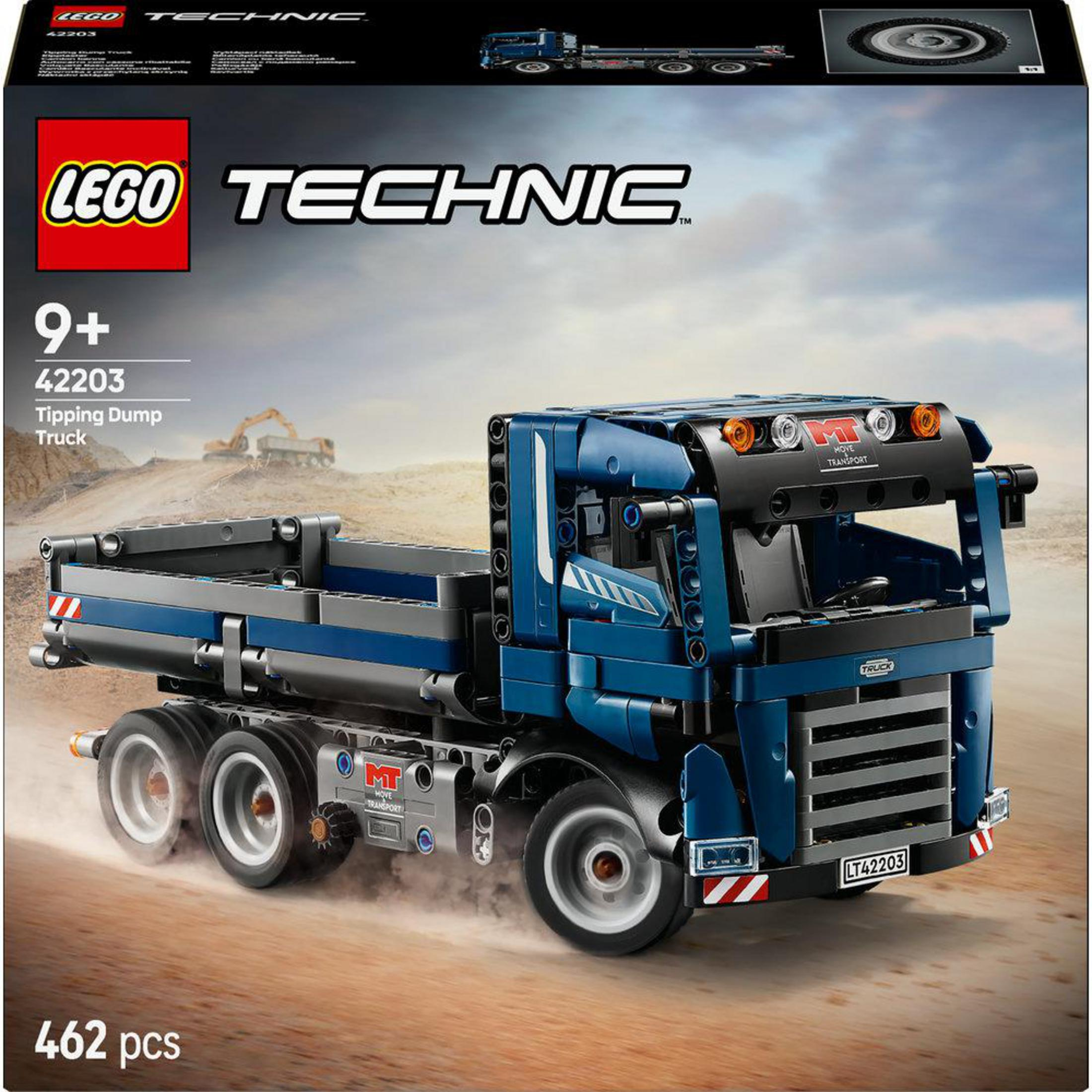 Tozlu bir arka plan üzerinde mavi Lego Technic Tipping Dump Truck modeli.