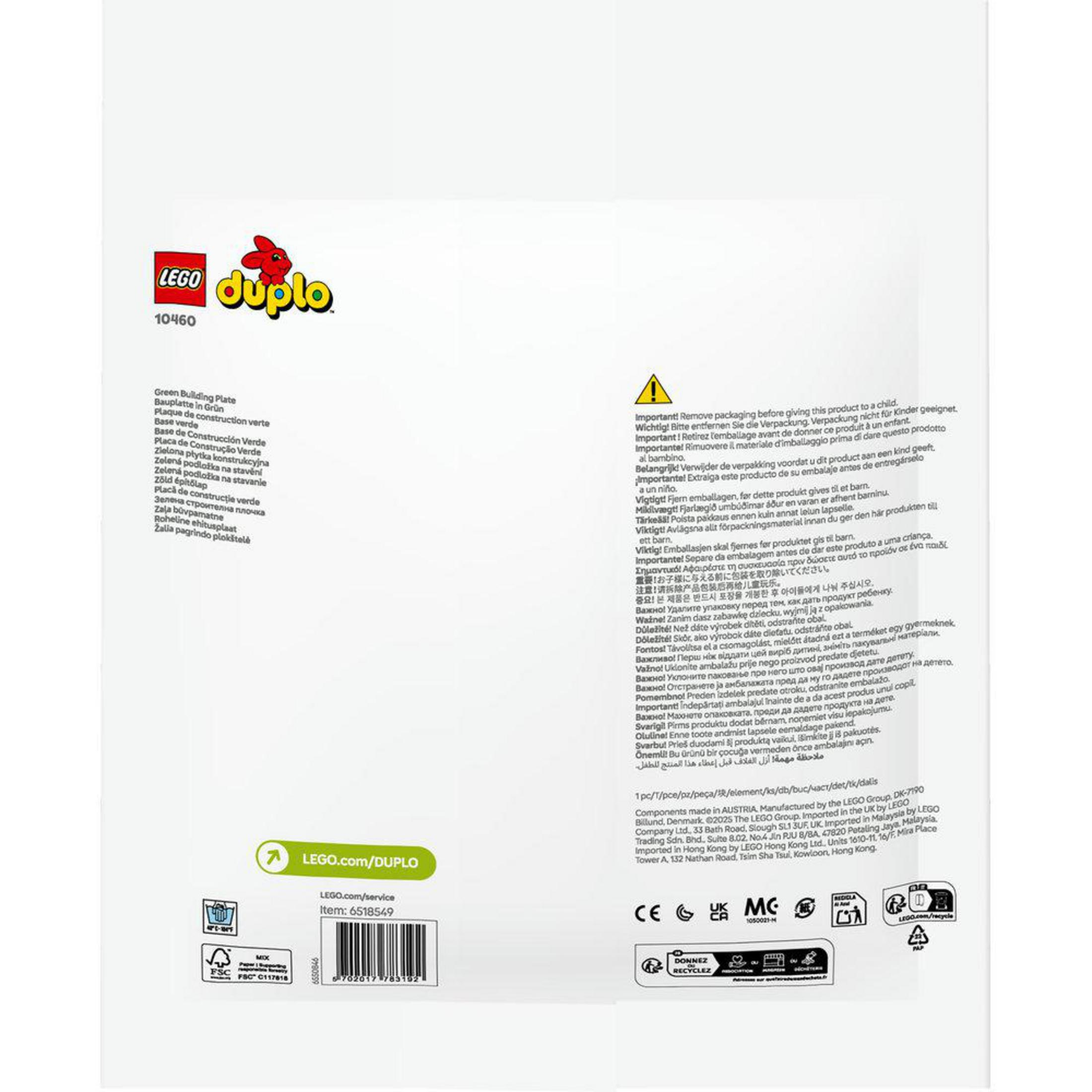 Tył opakowania zielonej płytki konstrukcyjnej Lego Duplo z tekstem.