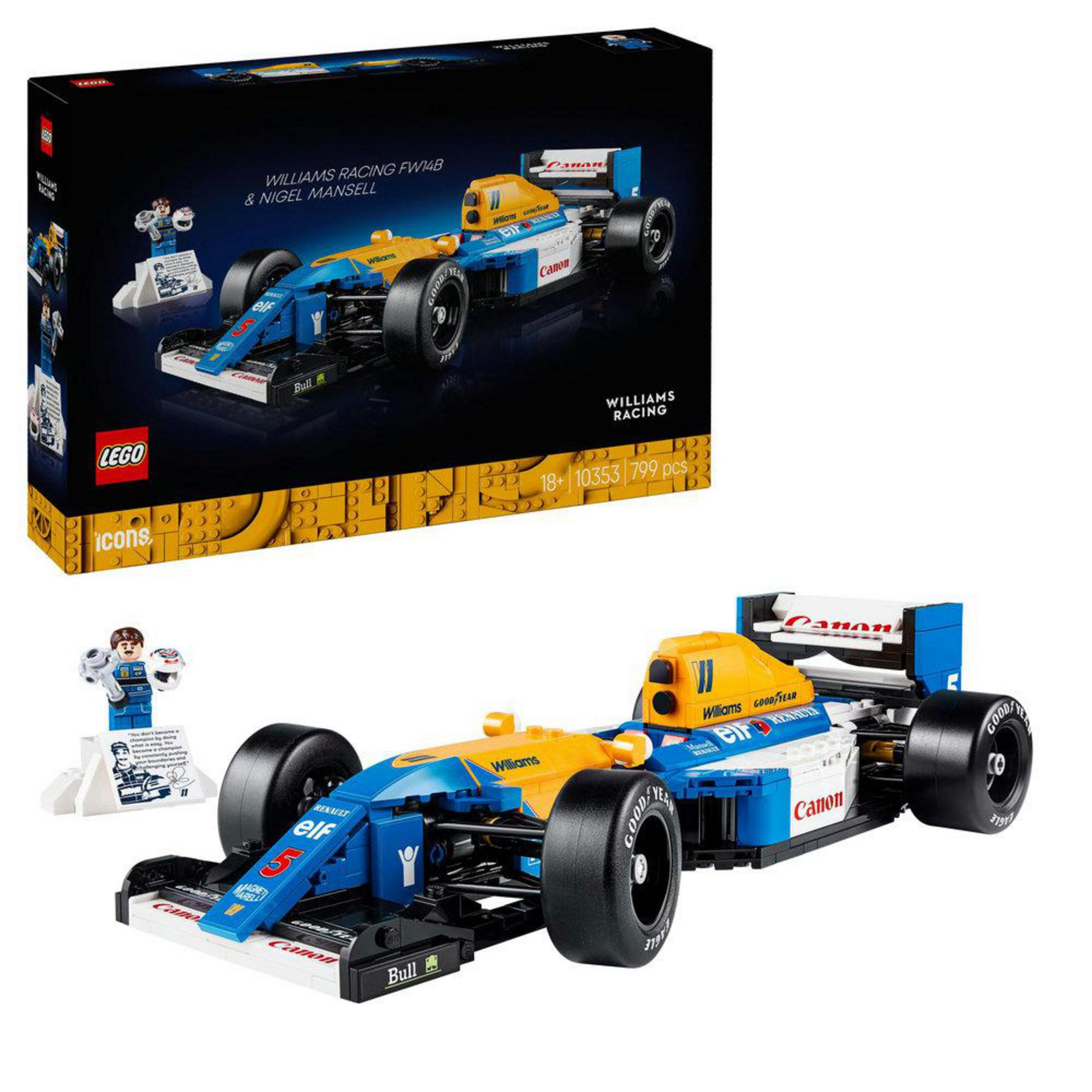 Set de coche Lego Williams Racing F1 con caja y minifigura.