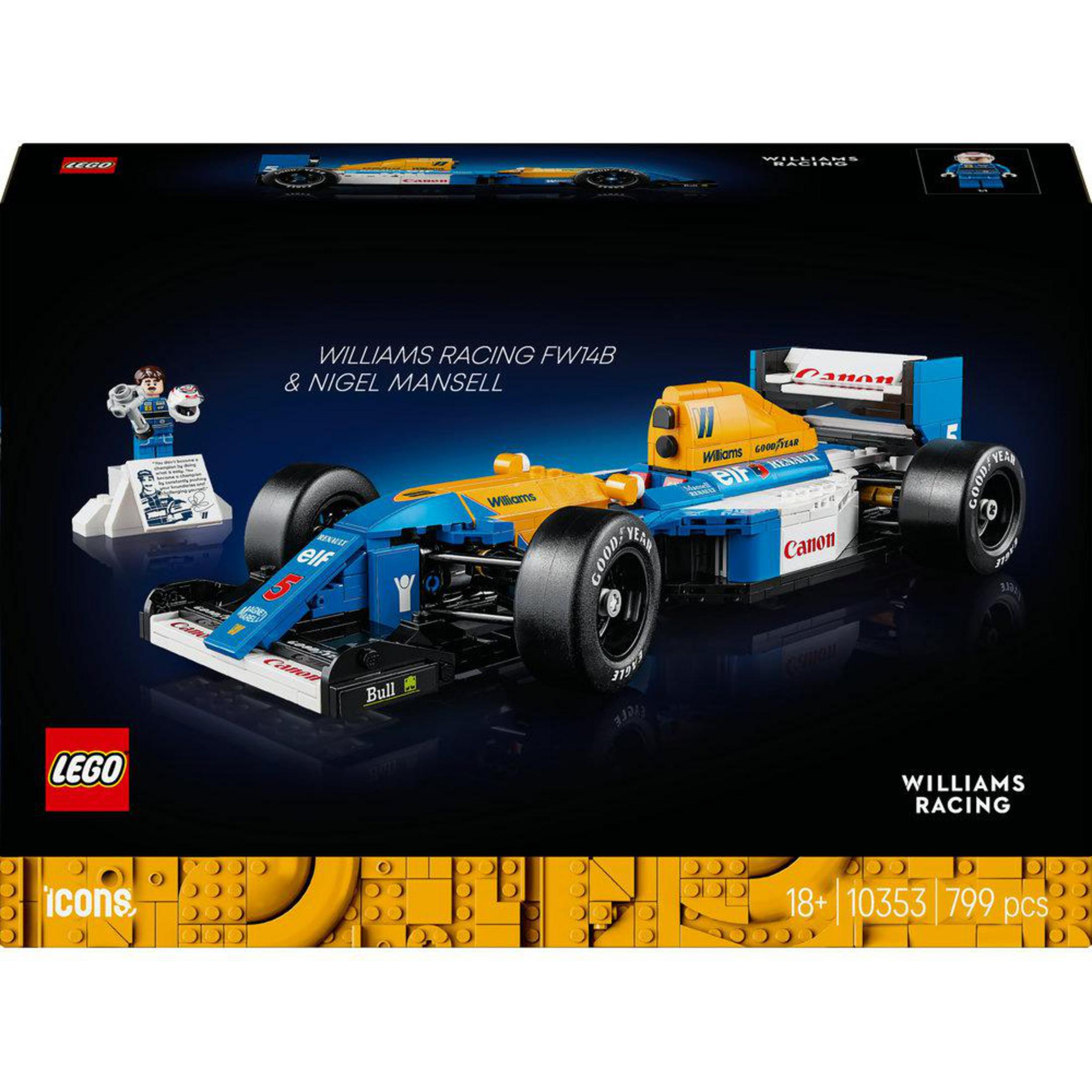 Caja del set de coche de carreras F1 Lego Williams que muestra el coche, la minifigura y el texto.