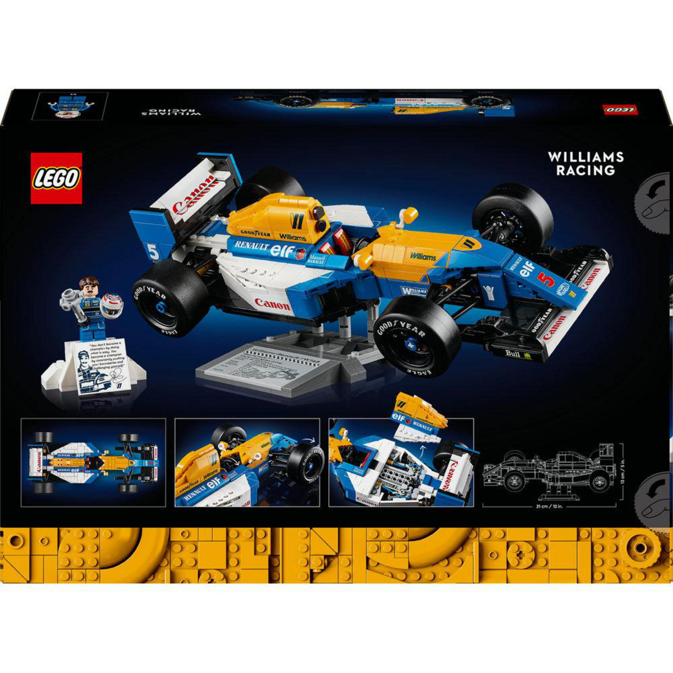 Caja de juego de Lego con un coche de carreras azul y amarillo.