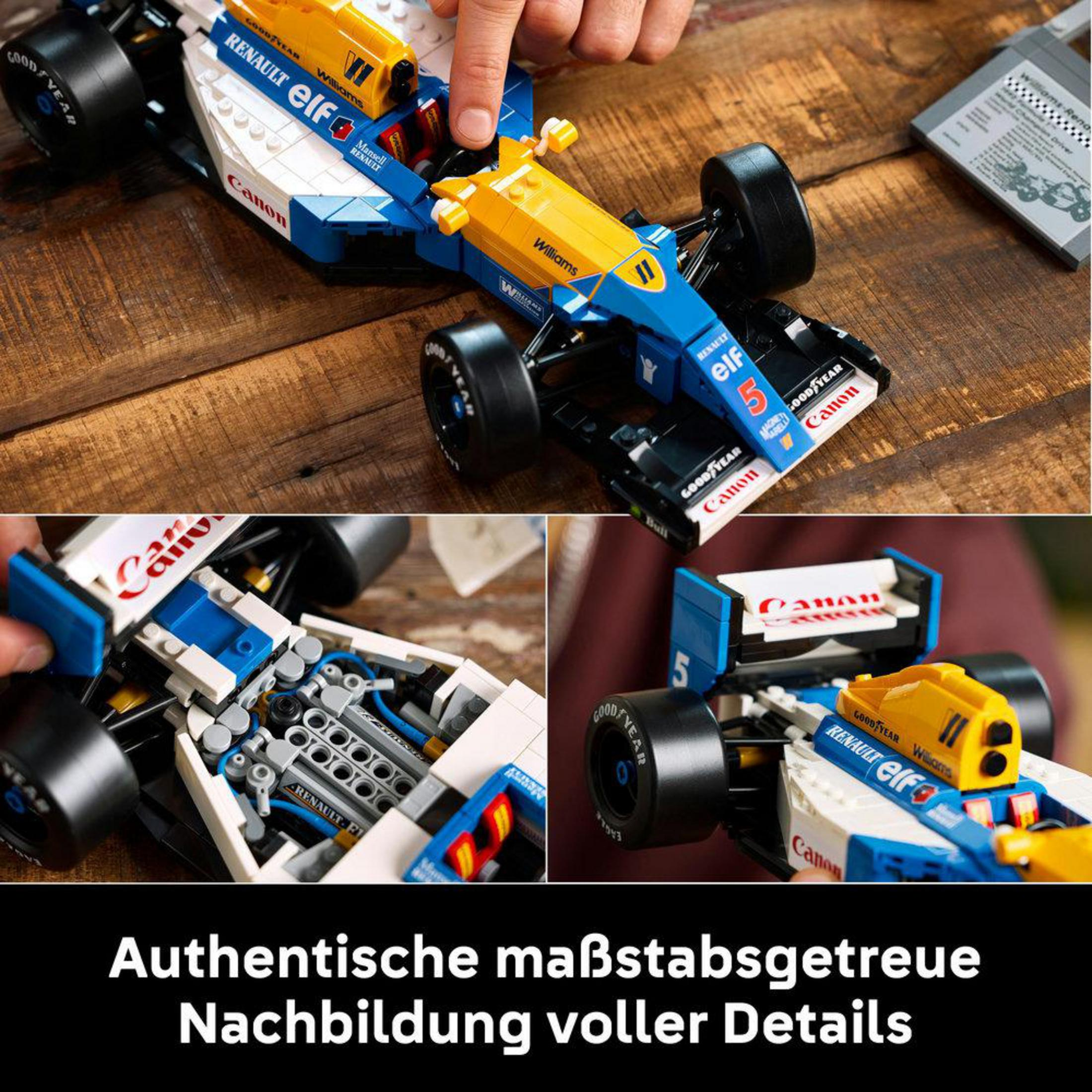 Zbliżenie modelu samochodu wyścigowego F1 Lego Williams, podkreślające szczegóły i części.