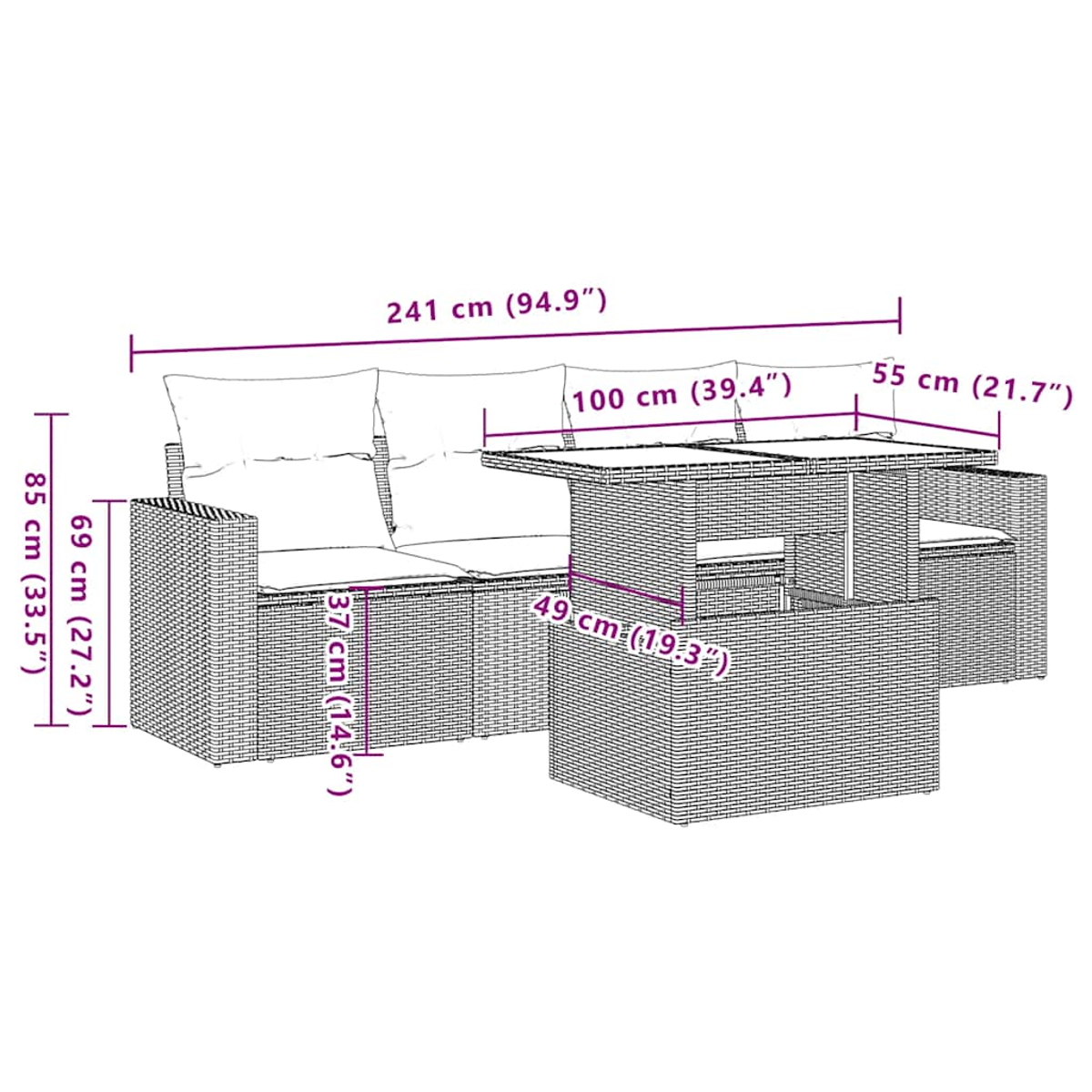 Un diagramma di un set di mobili da esterno in rattan intrecciato con dimensioni. Include un divano e un tavolo.
