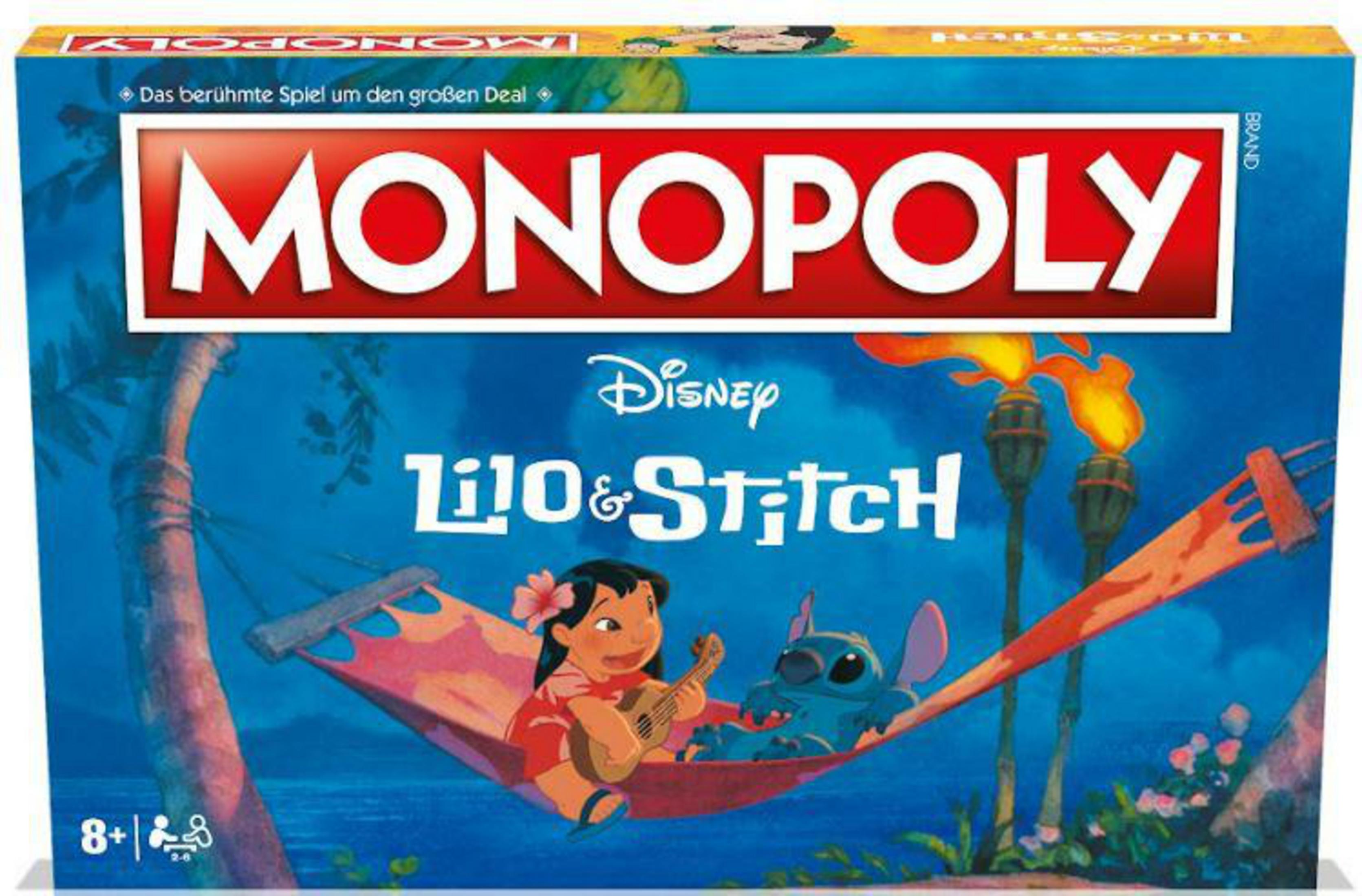 Monopoly Disney Lilo & Stitch-Box. Es zeigt Lilo, die Ukulele spielt, mit Stitch in einer Hängematte.