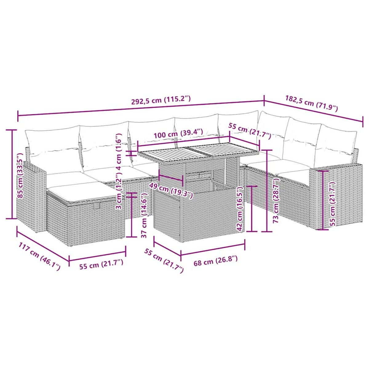 Un diagramma di un set di mobili da esterno in rattan intrecciato con dimensioni. Include un divano e un tavolo.