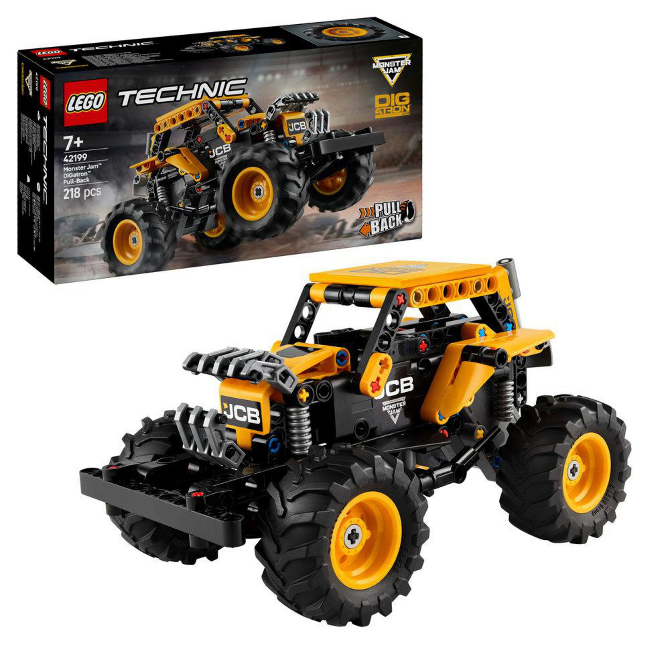 Un set di giocattoli Lego Technic JCB Monster Jam Truck con una scatola sullo sfondo.