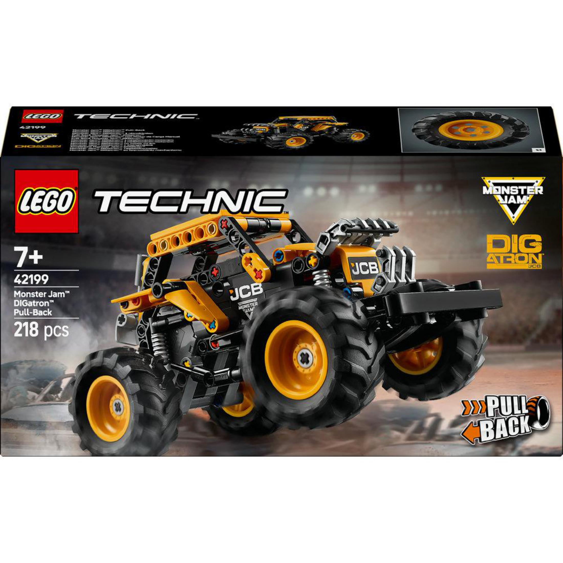 Una scatola del camion Lego Technic Monster Jam Digatron. Il camion è giallo e nero.