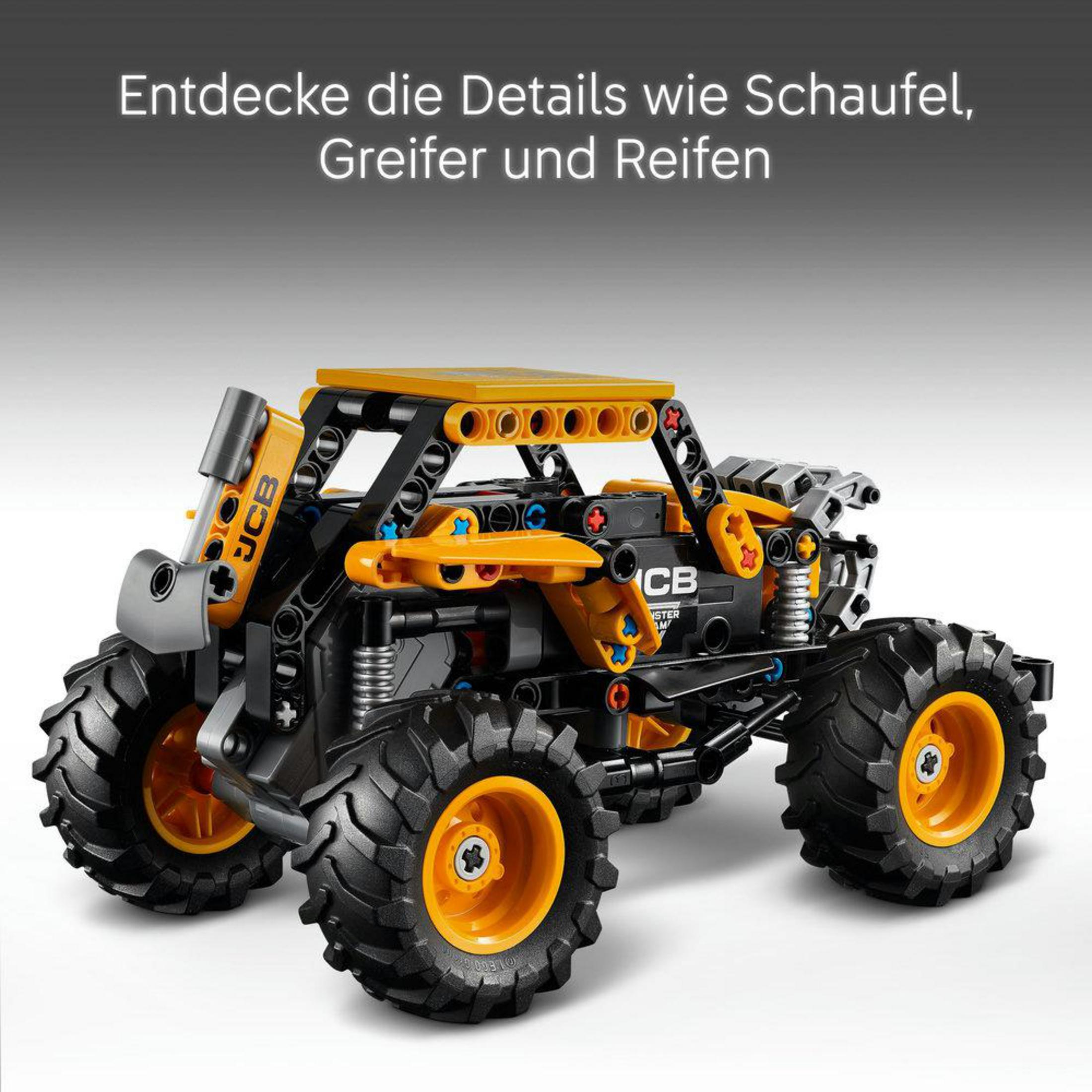 Vista de cerca del juguete Lego Technic JCB Truck, destacando detalles de las ruedas.