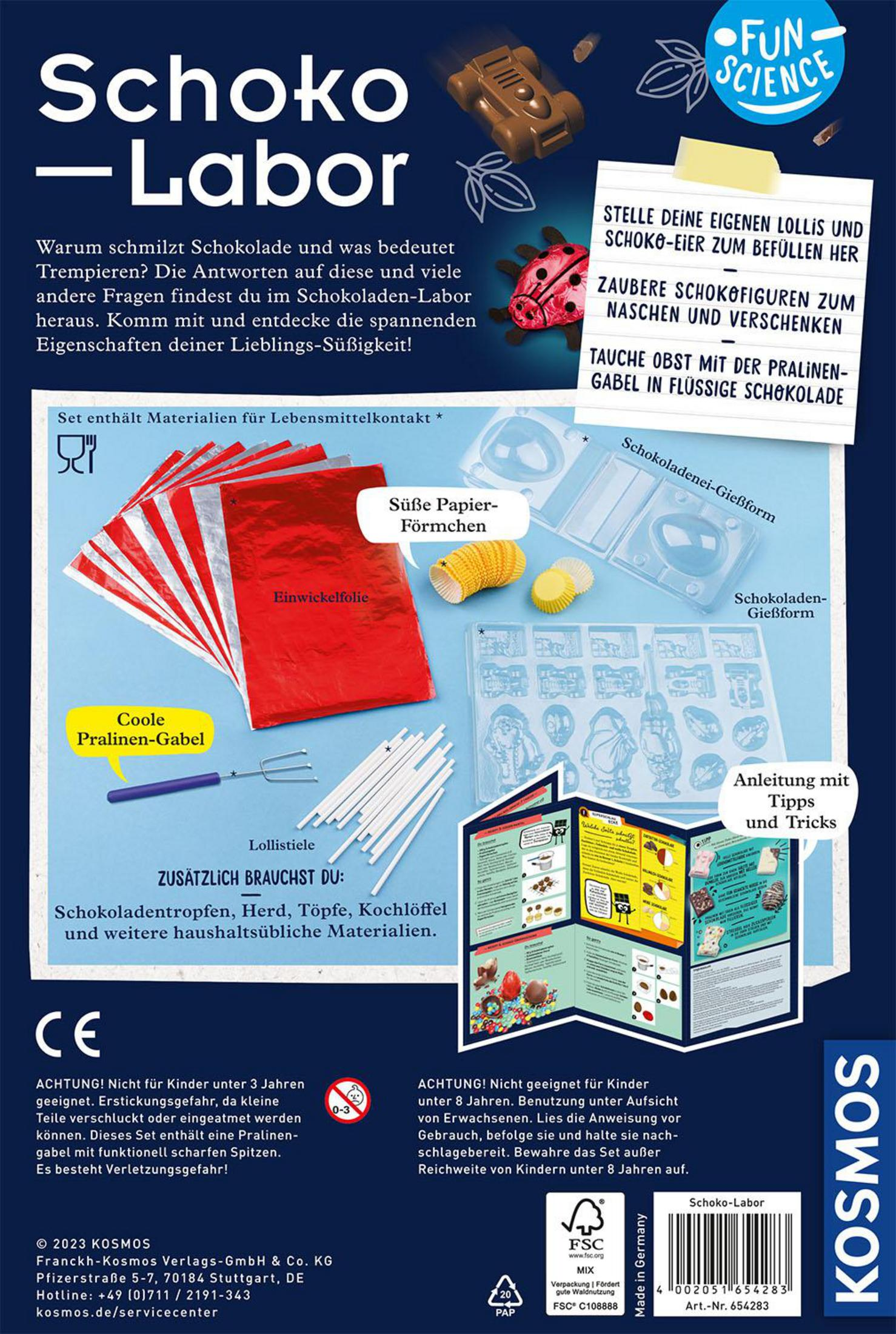 Eine Box mit deutschem Text und Bildern von Schokoladenformen und Lollis.