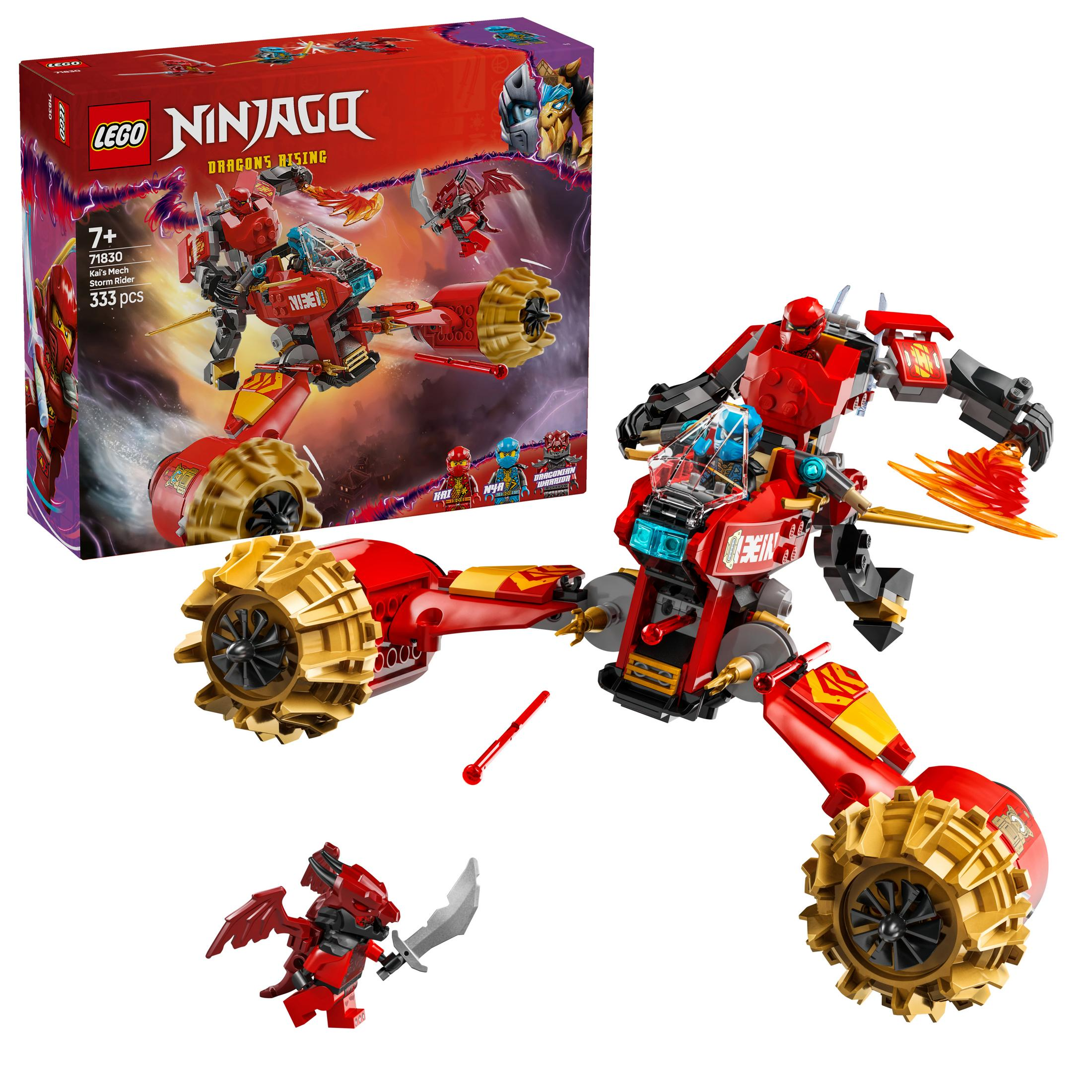 Set Lego Ninjago Dragons Rising con veicolo rosso e minifigure.