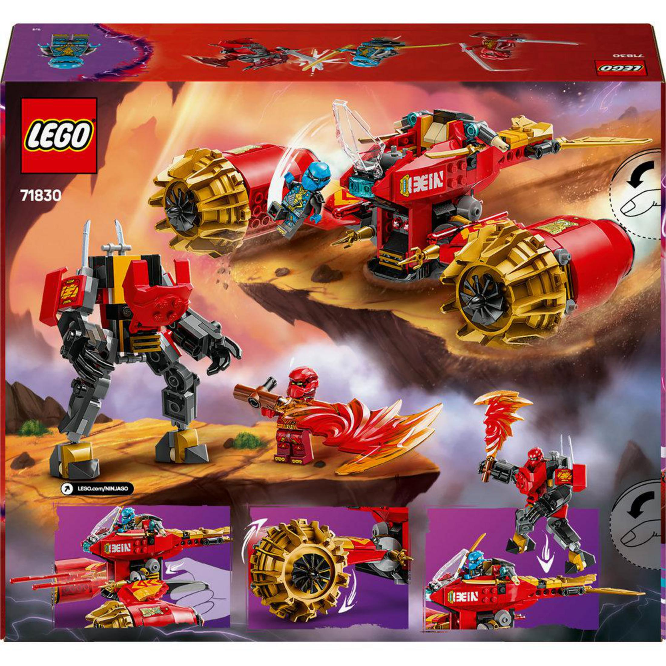 Set LEGO Ninjago con un mech rosso e oro, veicoli rossi e personaggi. La scatola mostra il contenuto del set.