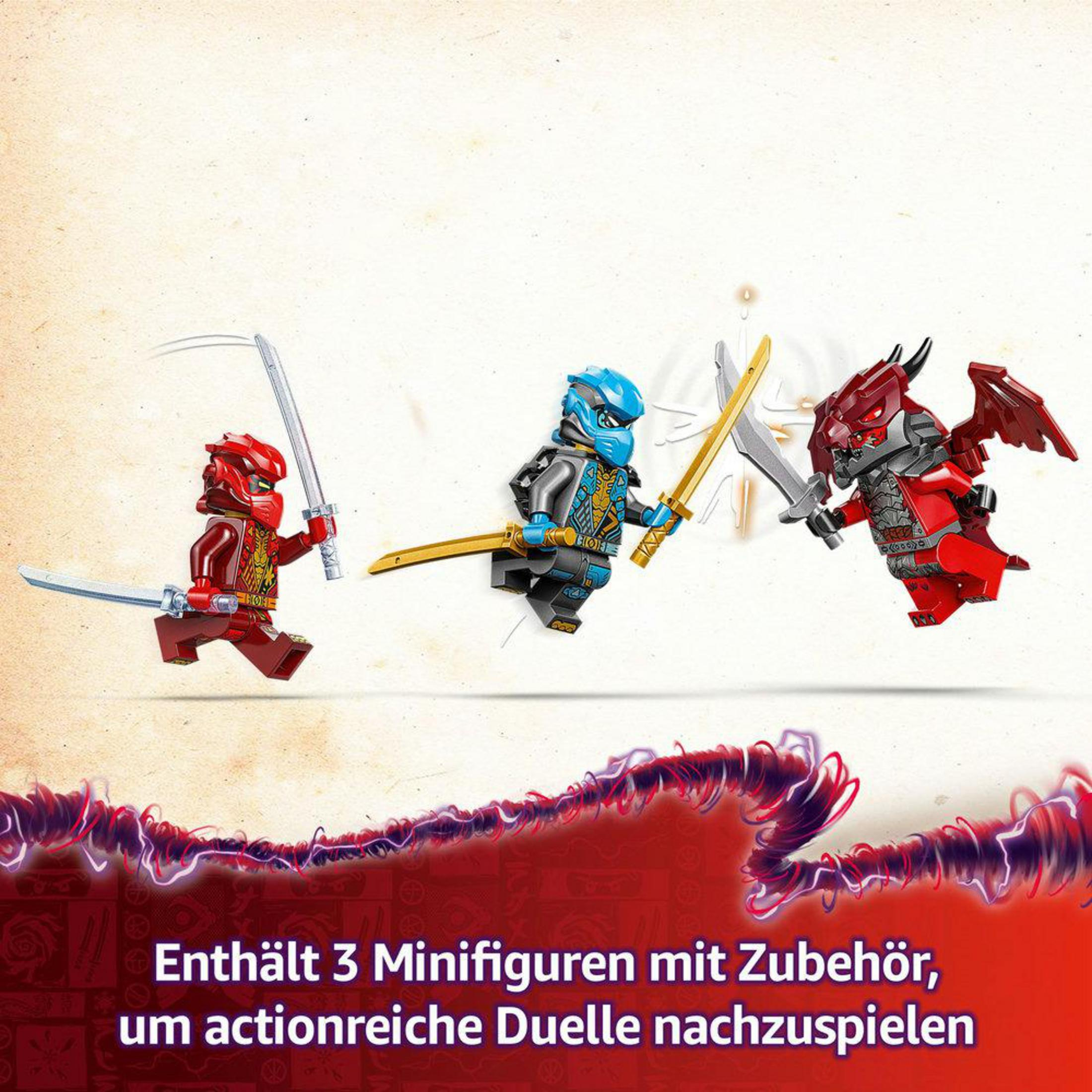 Trzy minifigurki Lego Ninjago walczące mieczami w dynamicznej scenerii.