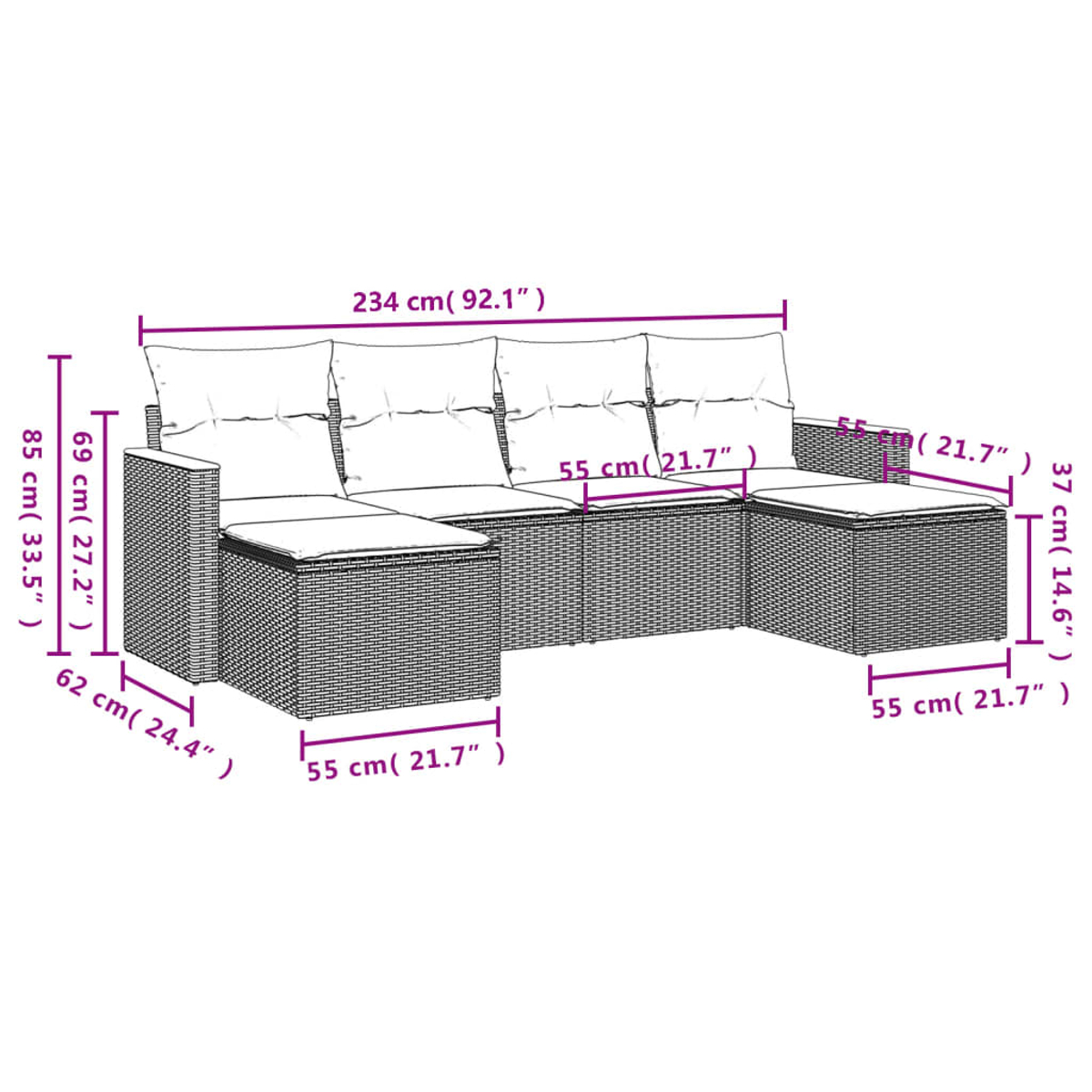 Ein weißes und braunes Outdoor-Sofa mit drei Sitzkissen und einer Fußstütze. Abmessungen sind angegeben.