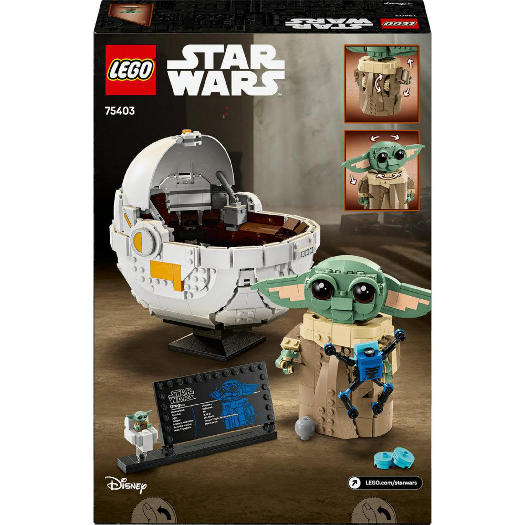 Zestaw Lego Star Wars z Baby Yodą. Jest kapsuła, Yoda i zbudowany wyświetlacz z informacjami.