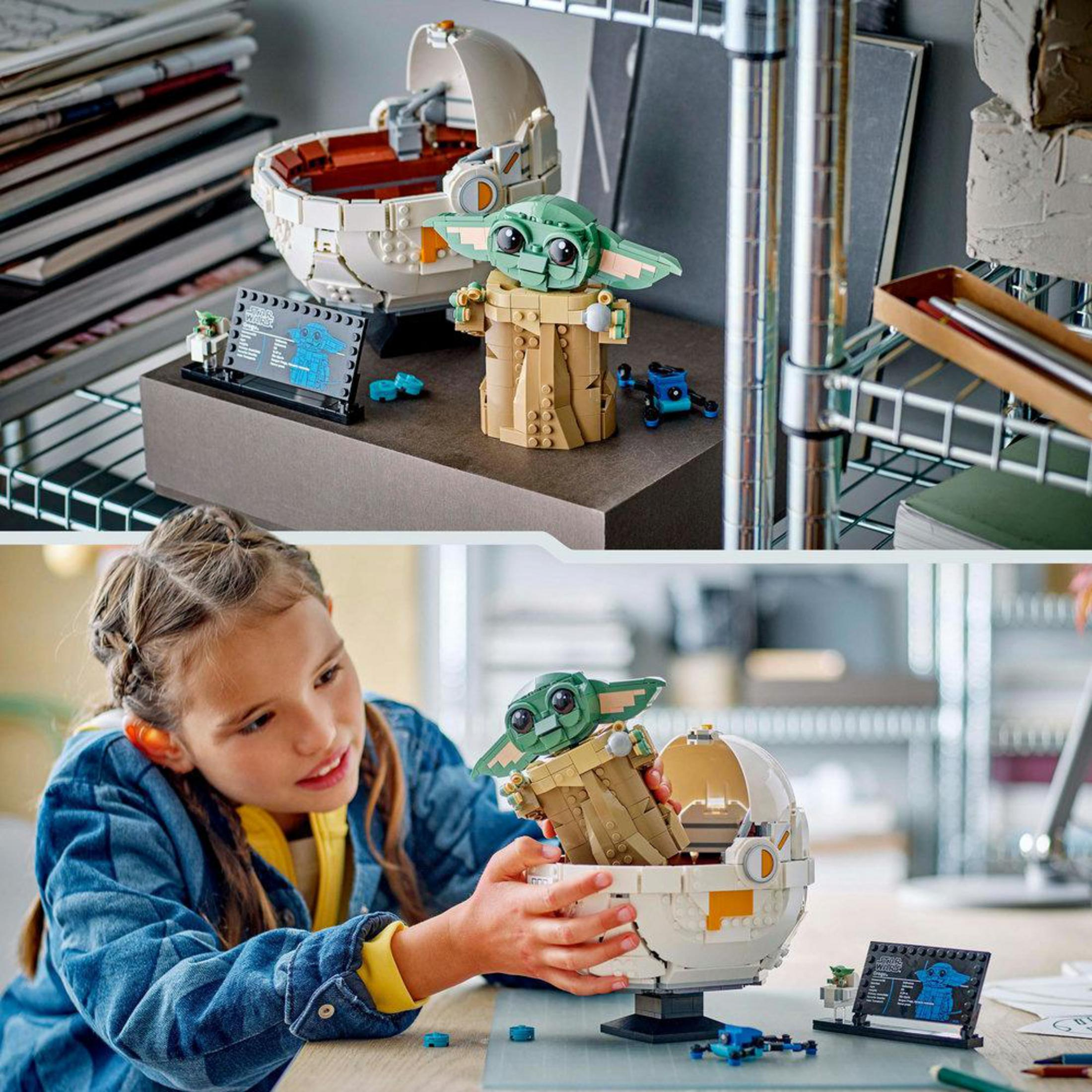 Dwa zdjęcia zestawu Lego Baby Yoda. Jeden pokazuje zestaw z kapsułą, a drugi, bawiącą się dziewczynkę.