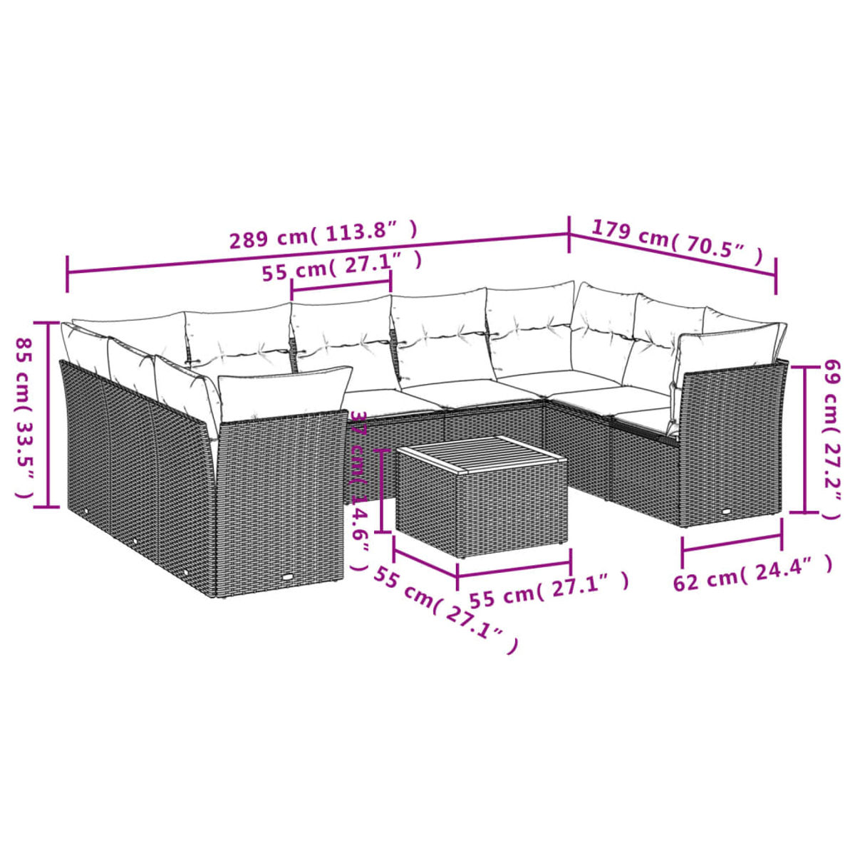 Outdoor-Ecksofa aus Rattan mit beschrifteten Maßen.