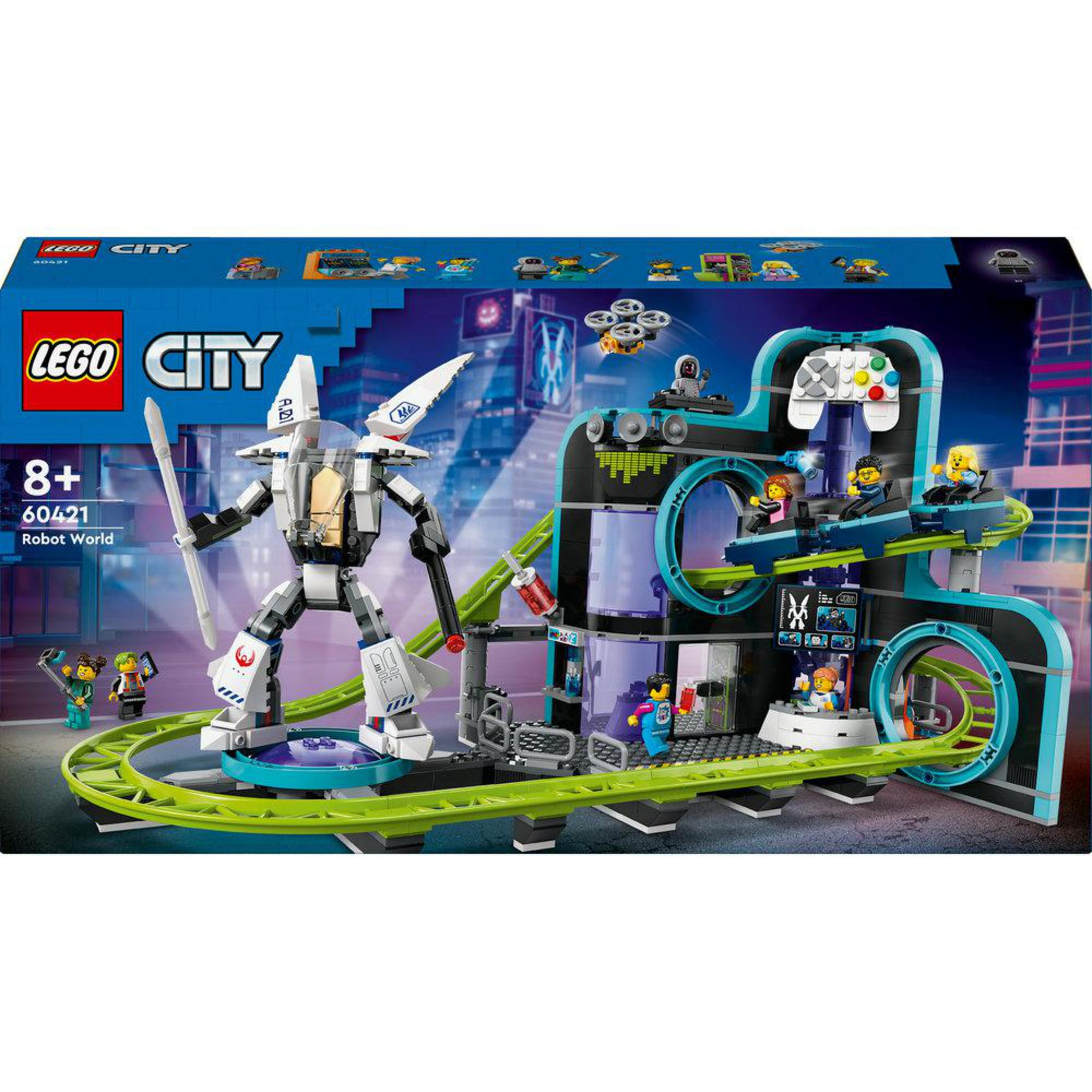 Zestaw Lego City Robot World z kolejką górską i figurkami.