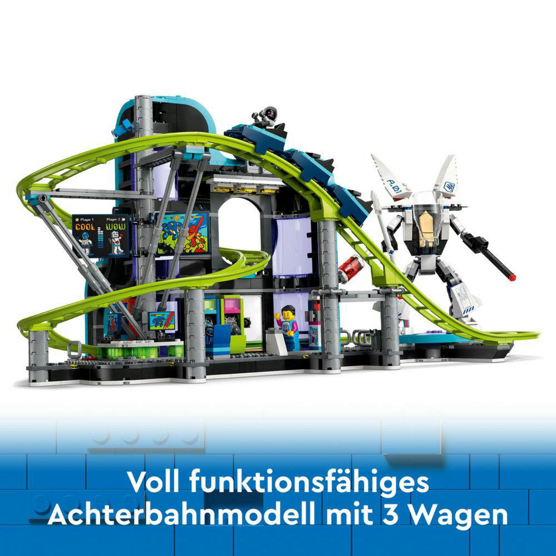 Zestaw Lego City z kolejką górską, robotem i figurkami.