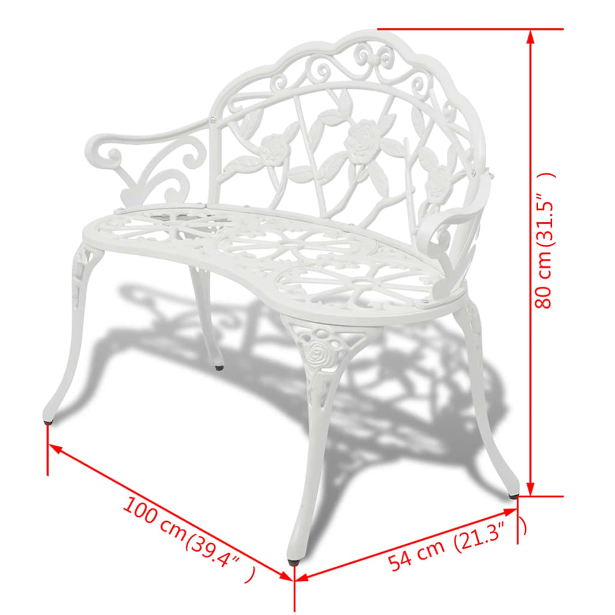 Weiße Metall-Gartenbank mit floralem Design. Sie hat Maße in Zentimetern.