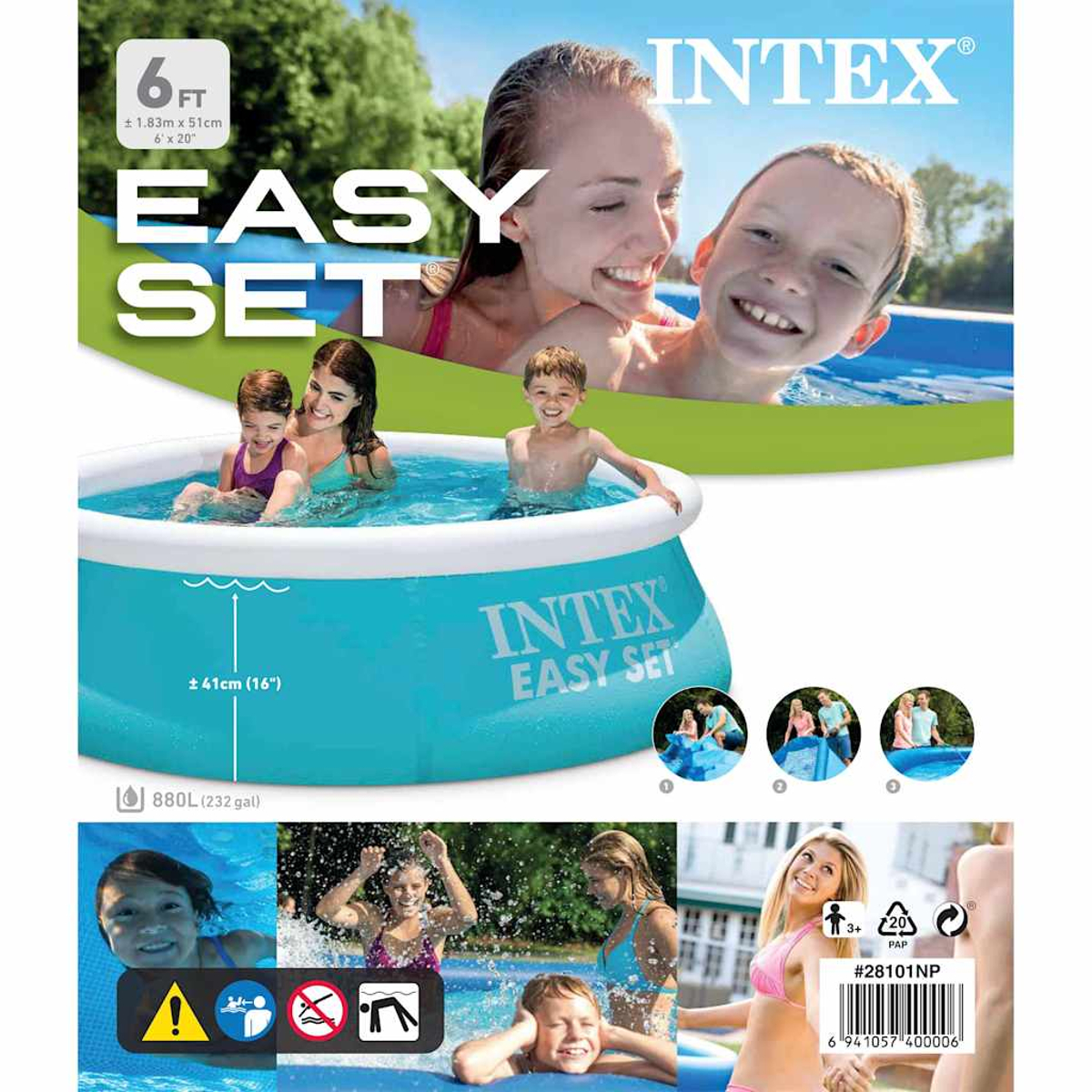 Intex-Pool mit Personen. Oben: Frau und Kind. Mitte: Pool mit Kindern. Unten: Kinder spielen im Pool.