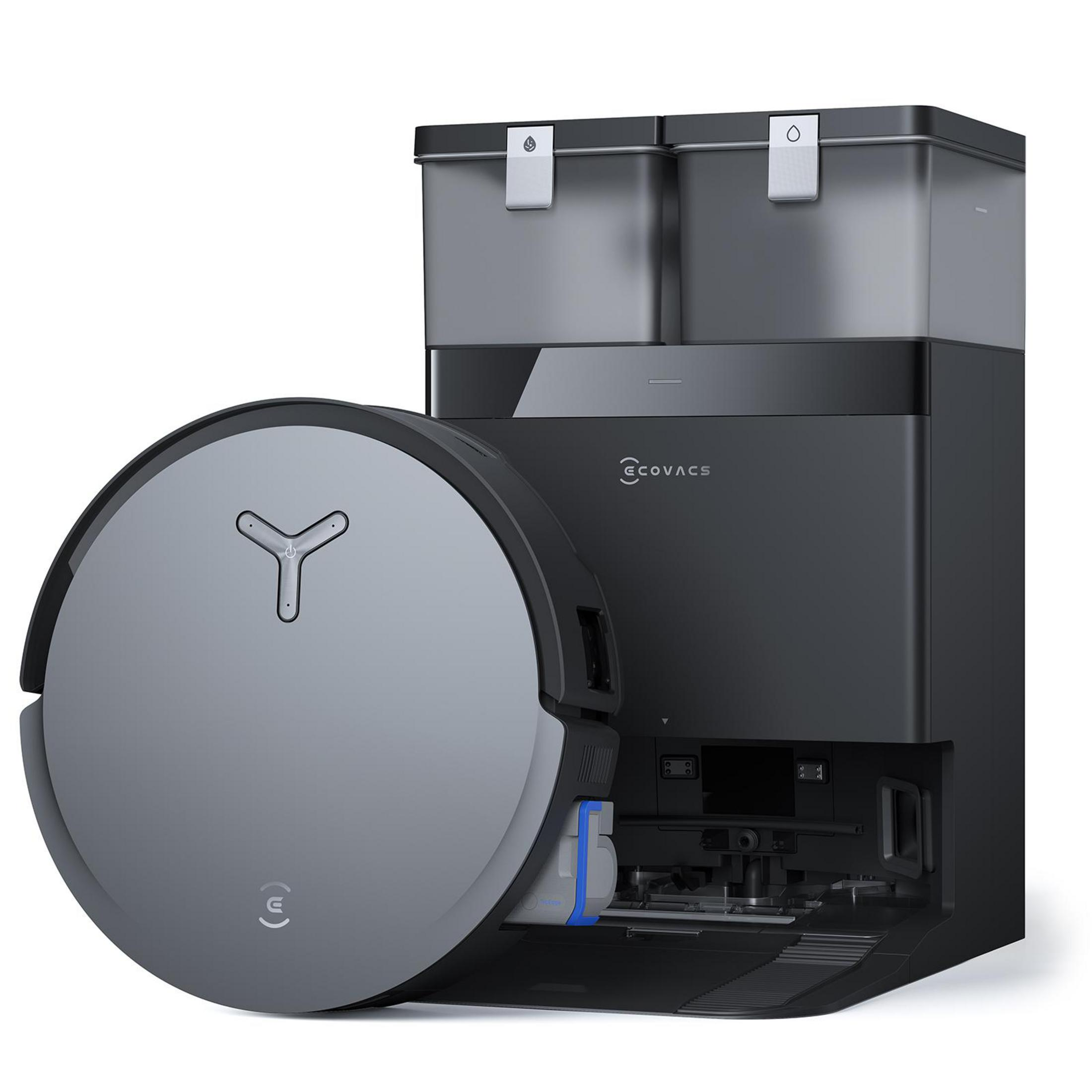 Czarny i szary robot sprzątający z stacją ładującą.