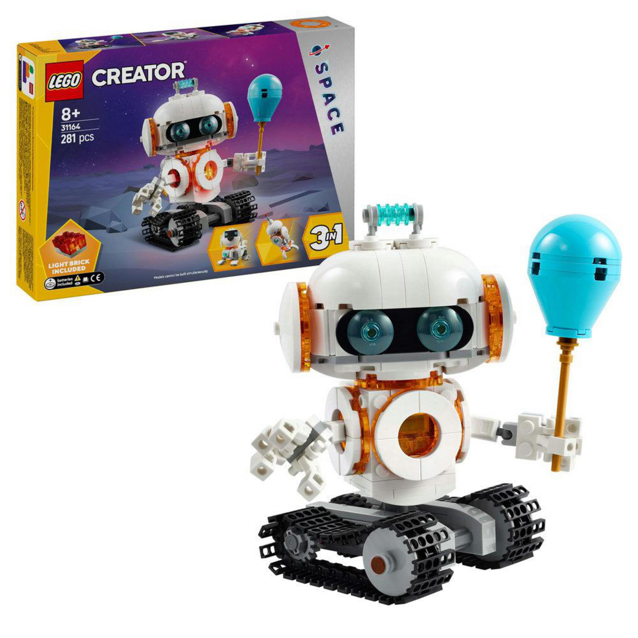 Balonlu bir robotun LEGO Creator seti kutusu ve modeli. Kutu, üç robot modelini gösteriyor.